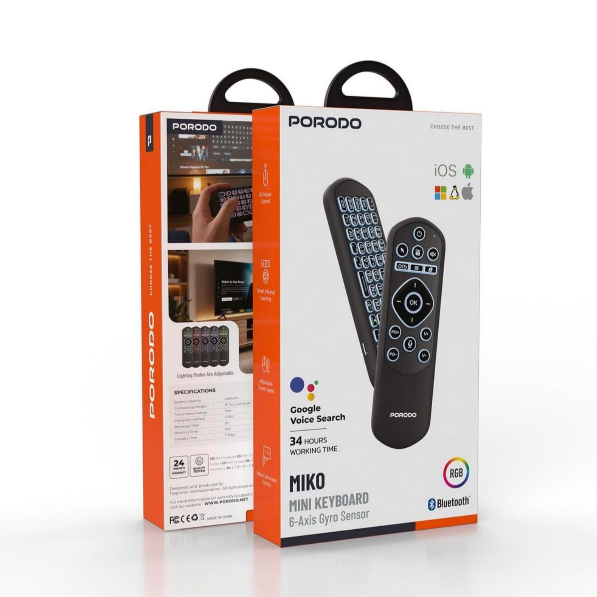 Porodo Miko Mini Keyboard Air Mouse Remote, Remote Control with Bluetooth 5.2 & 2.4GHz Wireless, RGB Backlight & 34 Hours Battery, Compatible with TV/Projector/iOS/Android/Windows, English & Arabic Layout