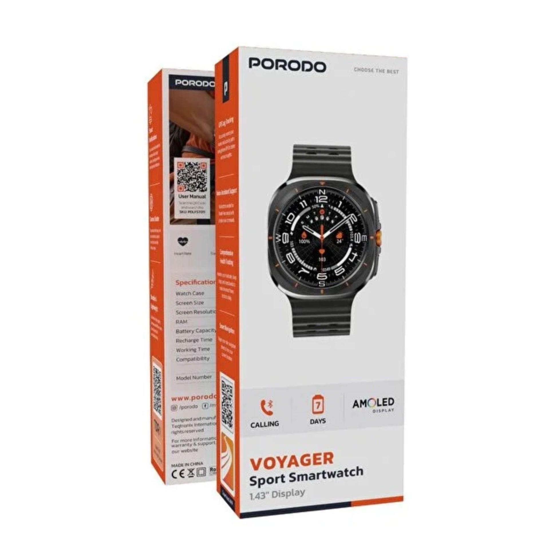 Porodo Voyager Sport Smartwatch packaging on a white background