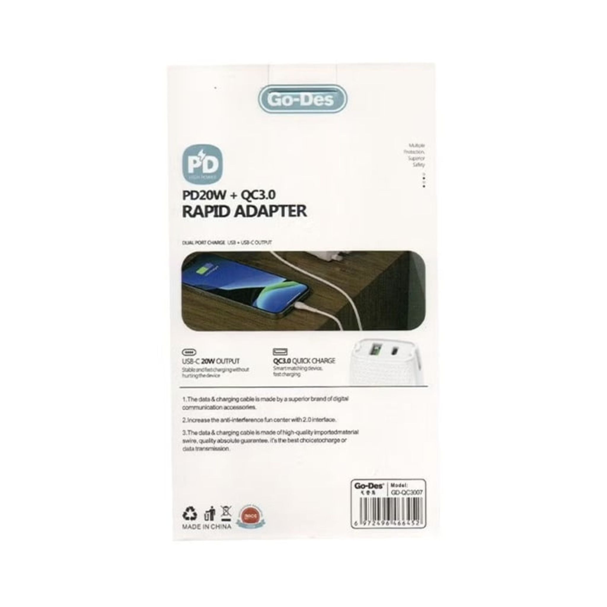 Go Des PD20W + QC3.0 Rapid Adapter+ Quick Charger -White