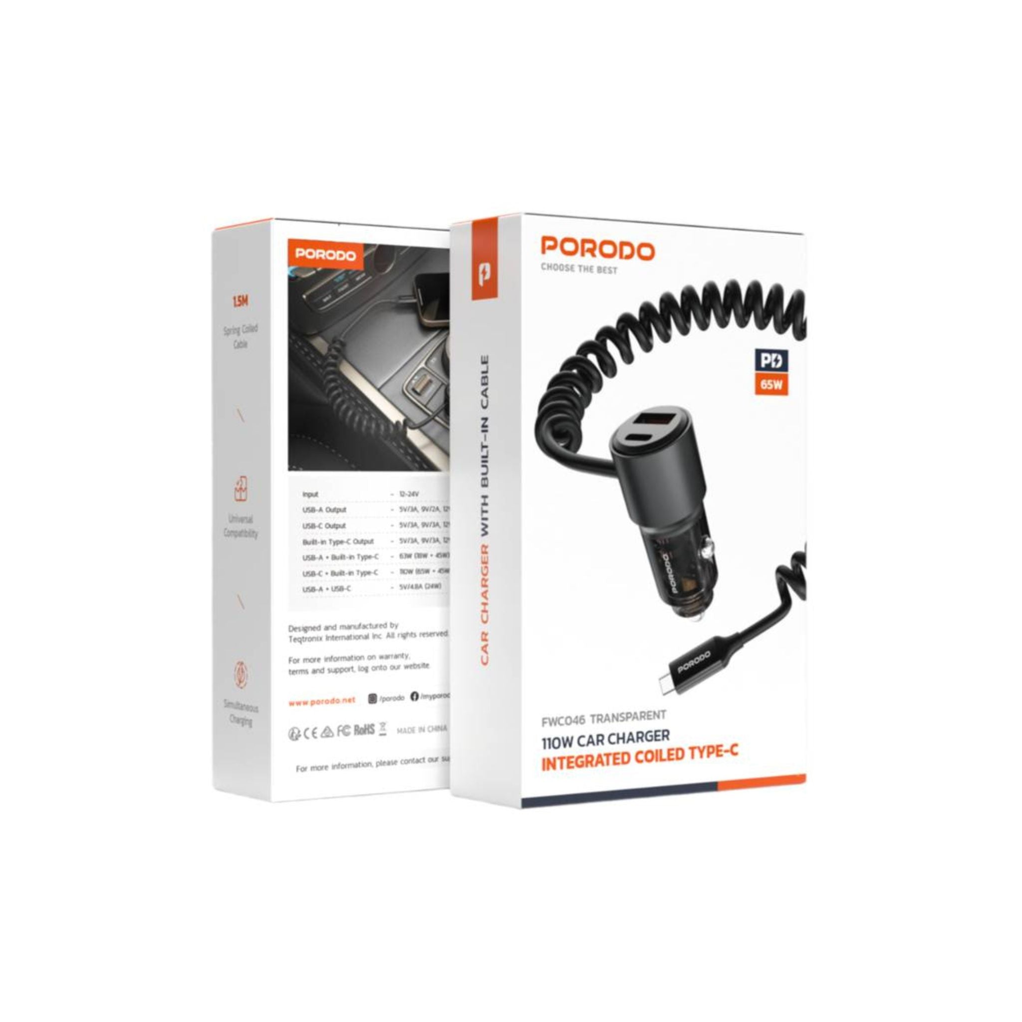 Porodo 110W Car Charger, USB-A+C Ports, 12-24V Input, 1.5m Spring Coiled Cable, Integrated USB-C Cable - Black