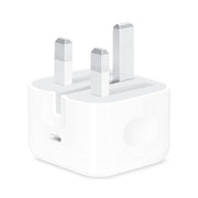 A white Apple 20W USB-C power adapter with a three-prong plug.