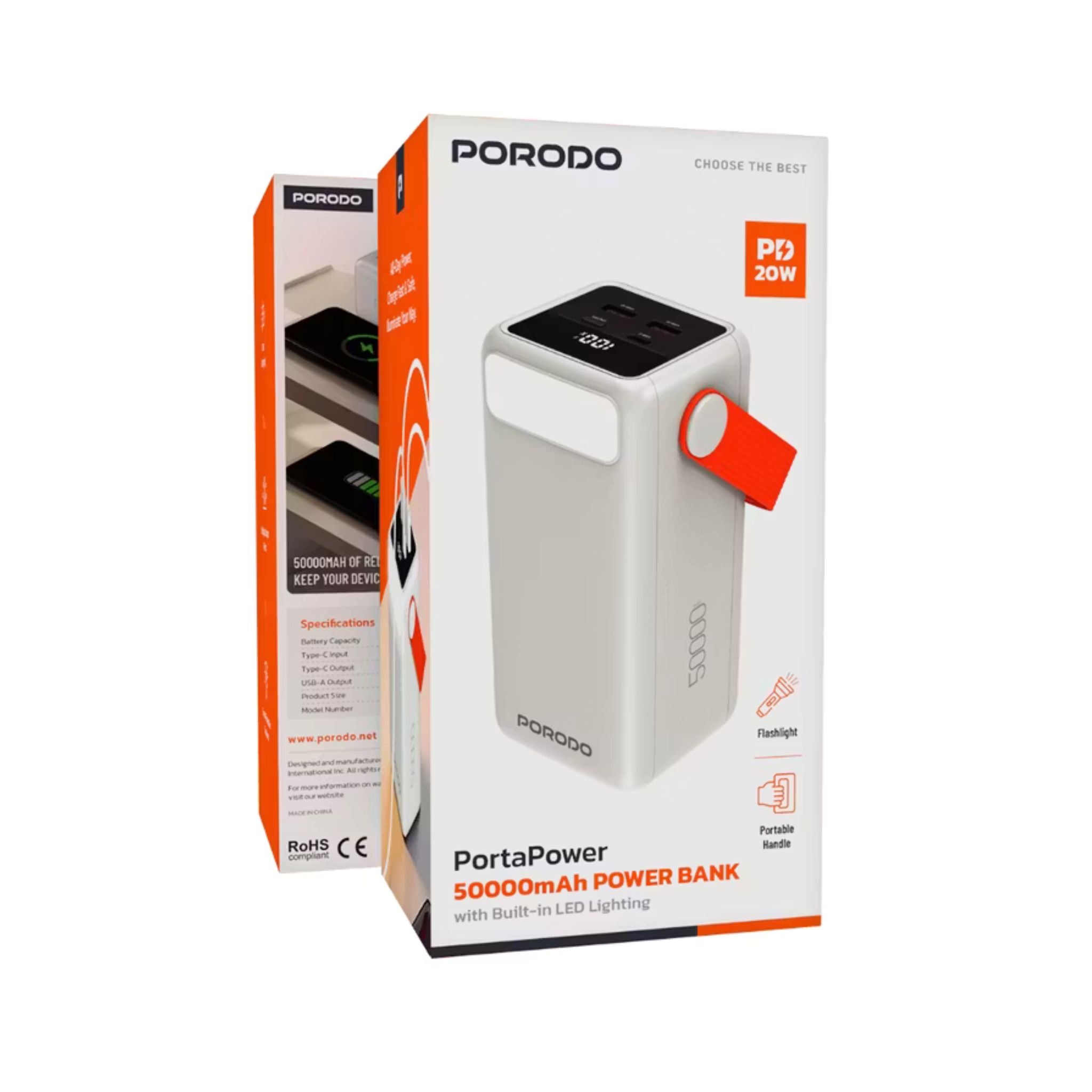 Porodo PortaPower 50000mAh Power Bank with Built-in LED Lighting, PD 20W, 22.5W Max USB-A Output, Flashlight, Portable Handle, Multiple Output Ports, Smart Protection Features, Fast Charging - White