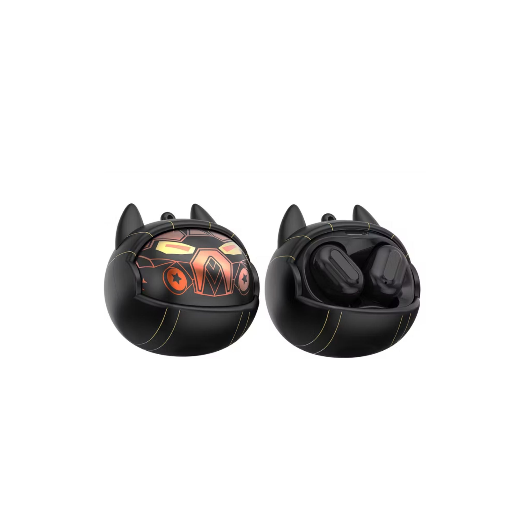 Black cat-shaped containers with orange accents on a white background
