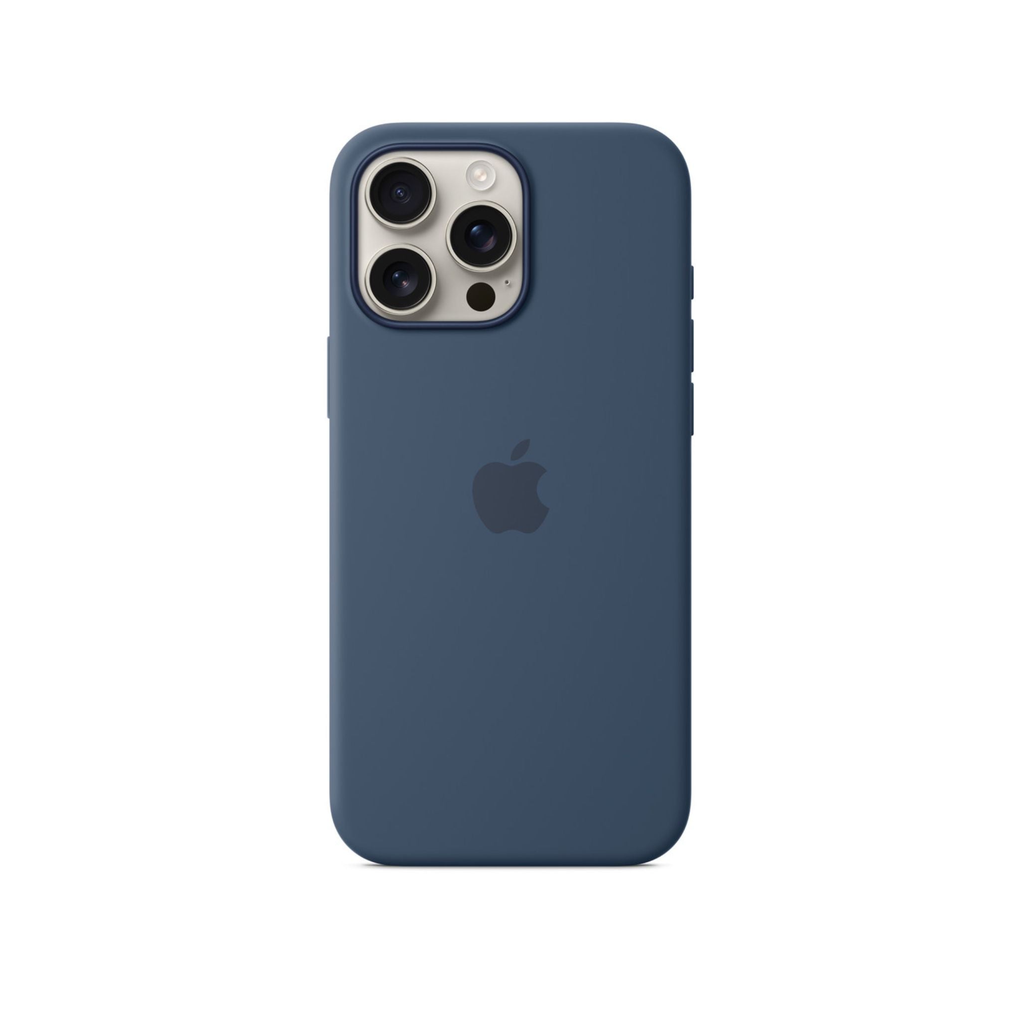 A denim blue silicone case for the Apple iPhone 16 Pro Max, featuring the MagSafe technology and a visible Apple logo.