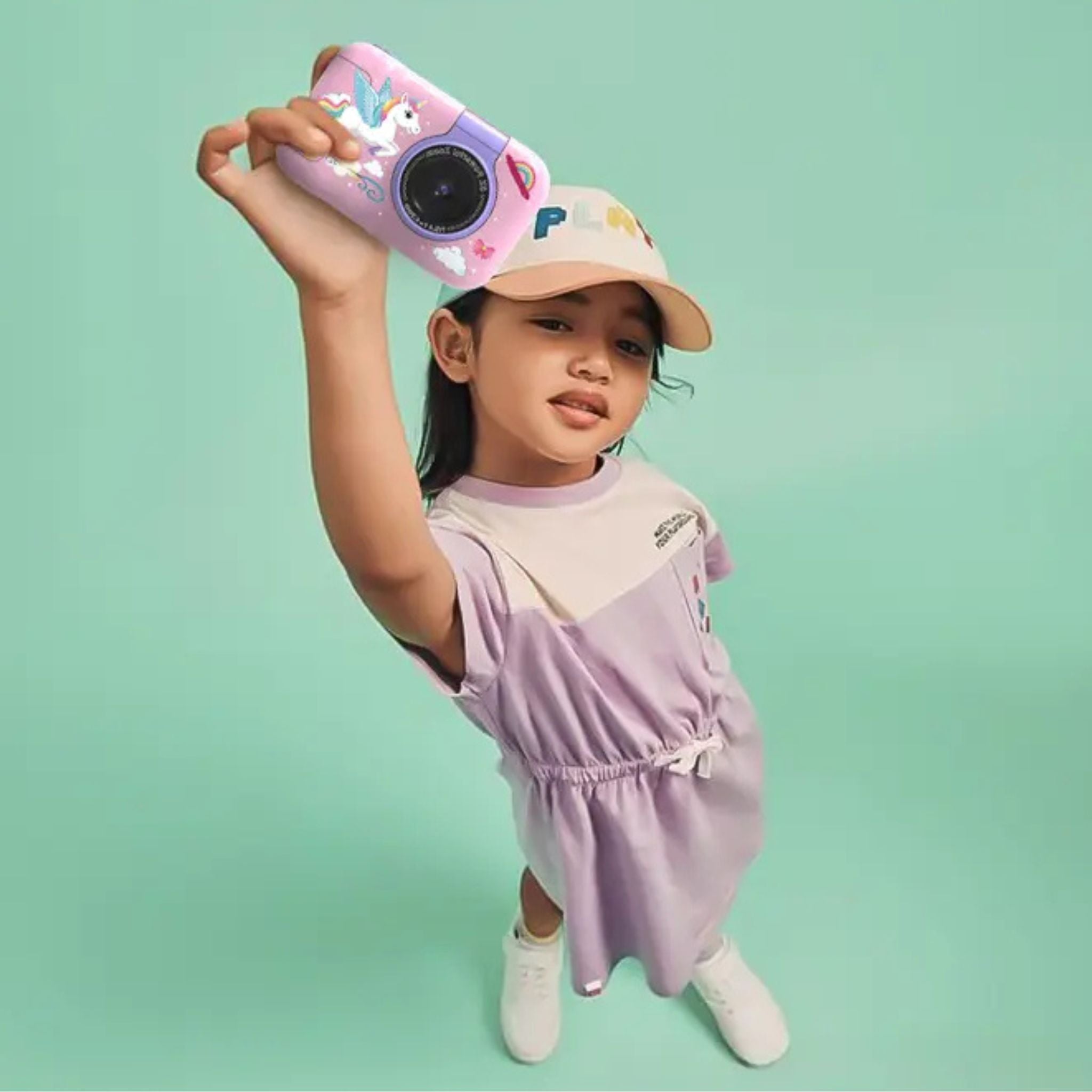 Porodo Lifestyle Kids Flip Digital Camera, 2.4" Screen, 12MP Photos (Up to 48MP), 1080P Video, 180° Flip Lens, 5 Color Filters, 1000mAh Battery, Type-C Charging, Up to 4H Use, Micro SD Support up to 32GB, Tripod Included – Pink