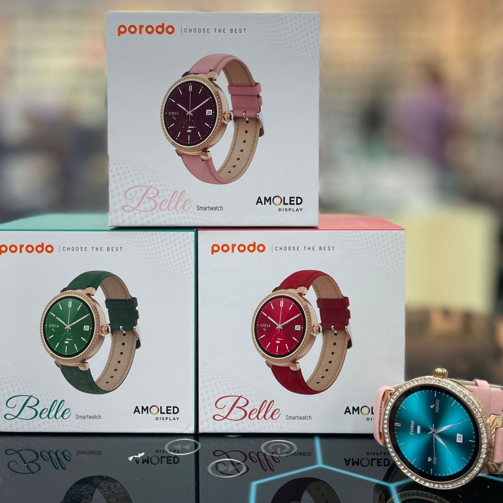 Porodo Belle Lady Smart Watch Rose Gold Dial, Bluetooth V5.4, Zinc Alloy + ABS Material, 1.19" Screen Size, AMOLED Display, Activity Tracker - Pink