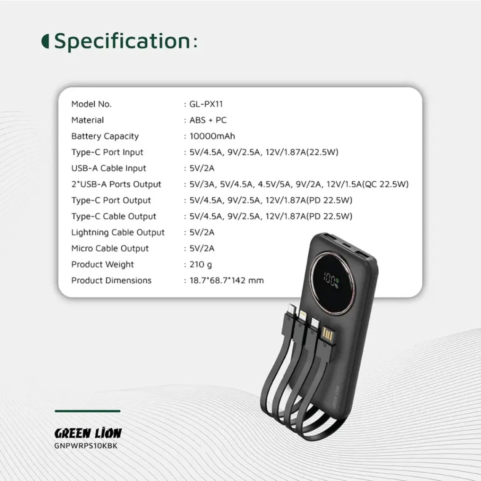 Green Lion Power Pulse 10000mAh Power Bank, PD 22.5W, Portable, Digital Display, Fast Charge Support, Micro + Lightning + Type-C + USB-A Integrated Cables - Black