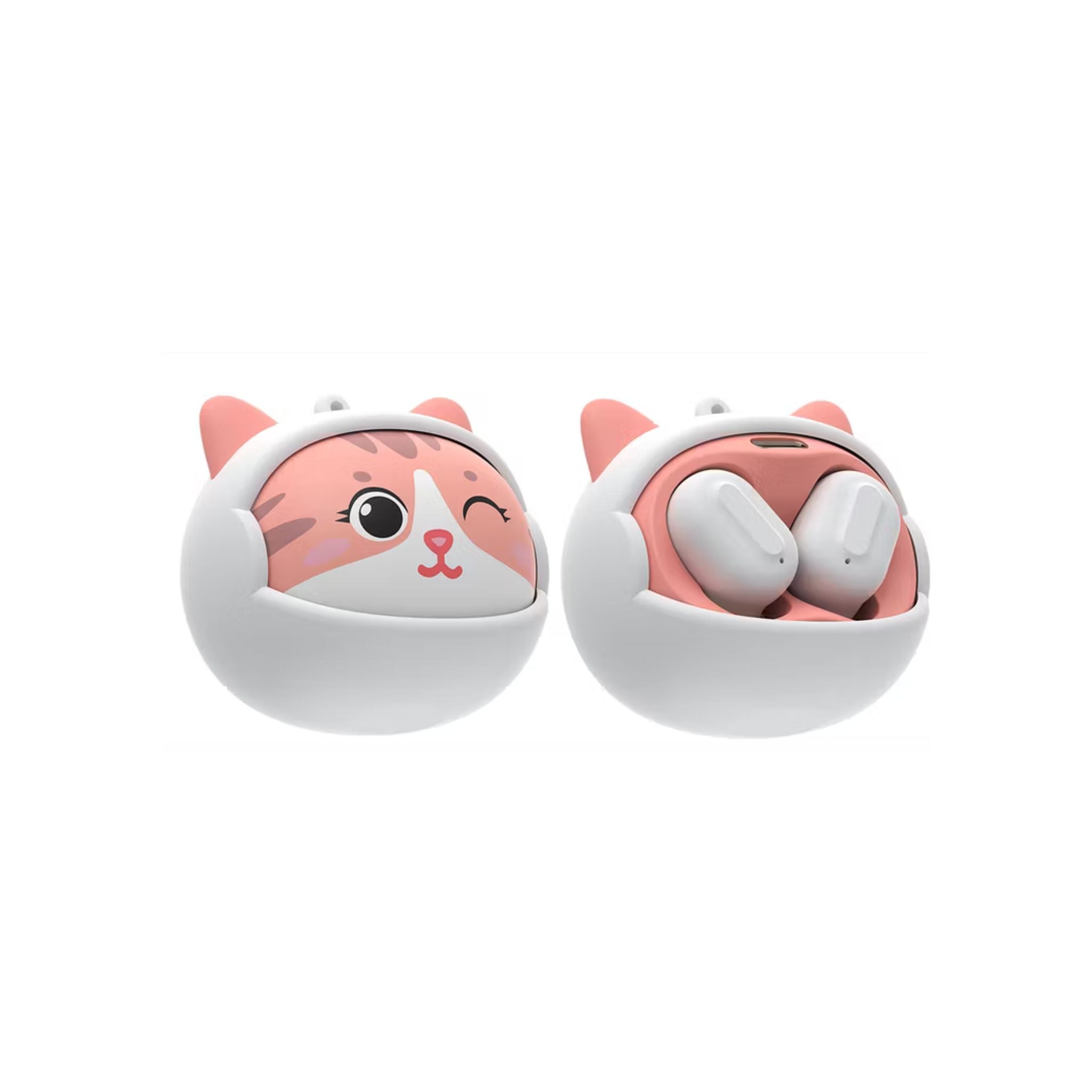 Green Lion Kitty Beats True Wireless Earbuds with 3 Custom Faces, Bluetooth 5.4, Touch Control, Voice Assistant, Clear Call Quality, Type-C Charging Port - White