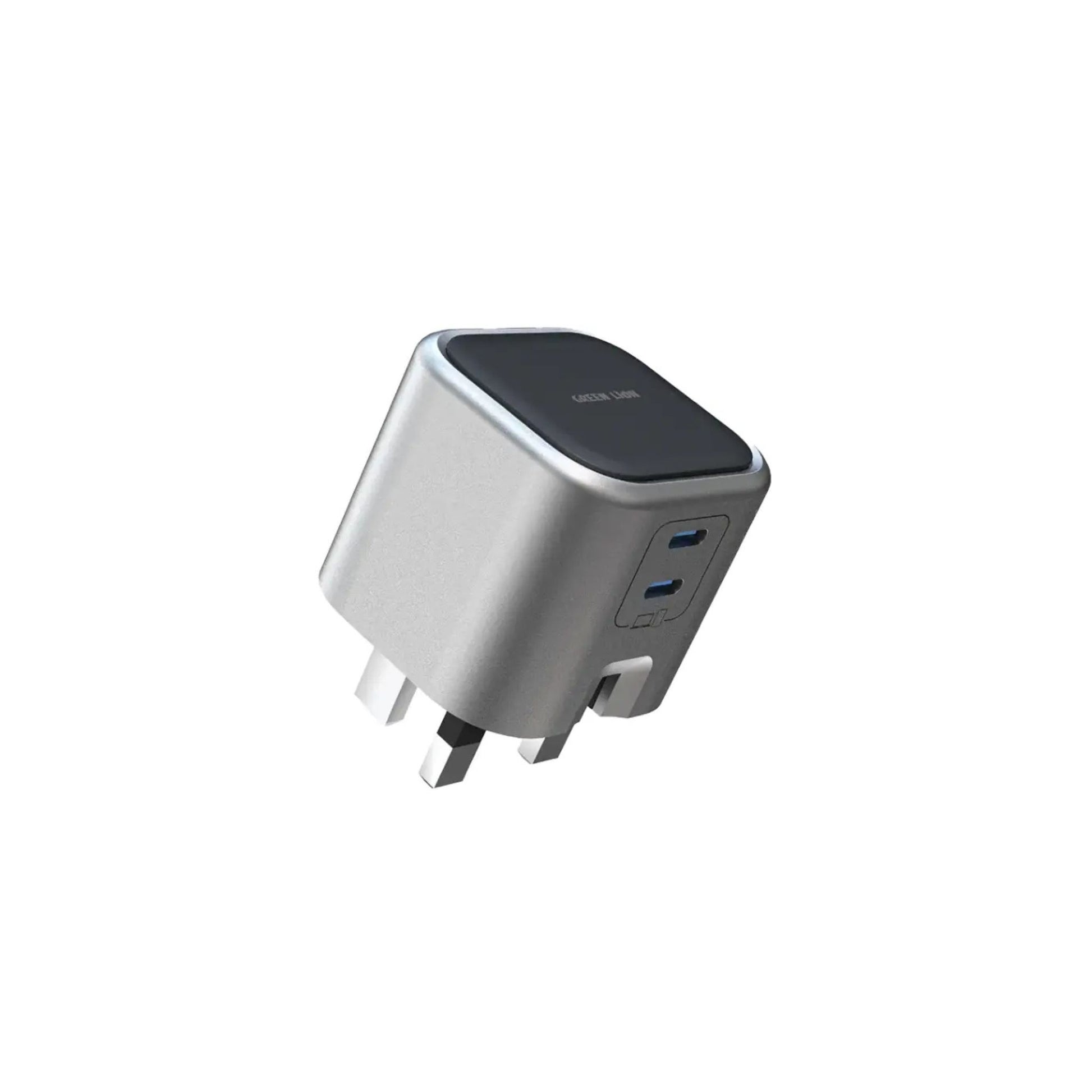 A gray Green Lion GaN Adapter with dual USB-C ports and a breathing light, showing a compact, modern design.