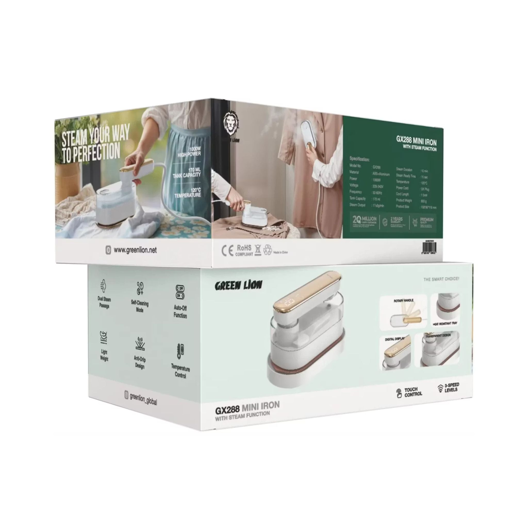 Green Lion GX288 Mini Iron with Steam Function, 170mL Tank Capacity, 10 Minutes Steam Duration, 120°C Temperature, Digital Display - White