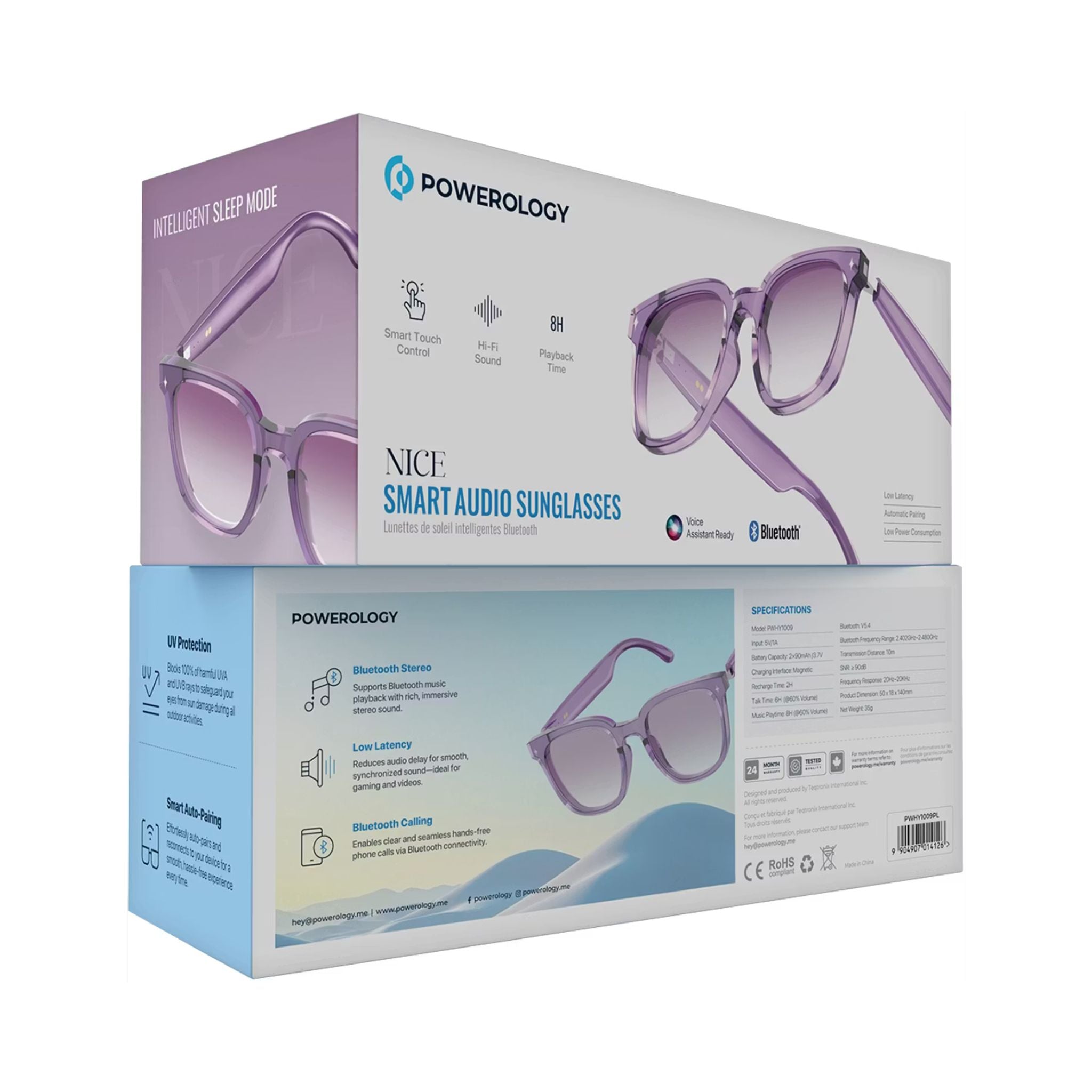 Powerology Smart Audio Sunglasses with UV Protection, Bluetooth 5.4, Smart Touch Control, Magnetic Charging, 8-Hour Playtime, 6-Hour Talk Time, Auto-Pairing, Low Latency, Smart Sleep Mode – Purple