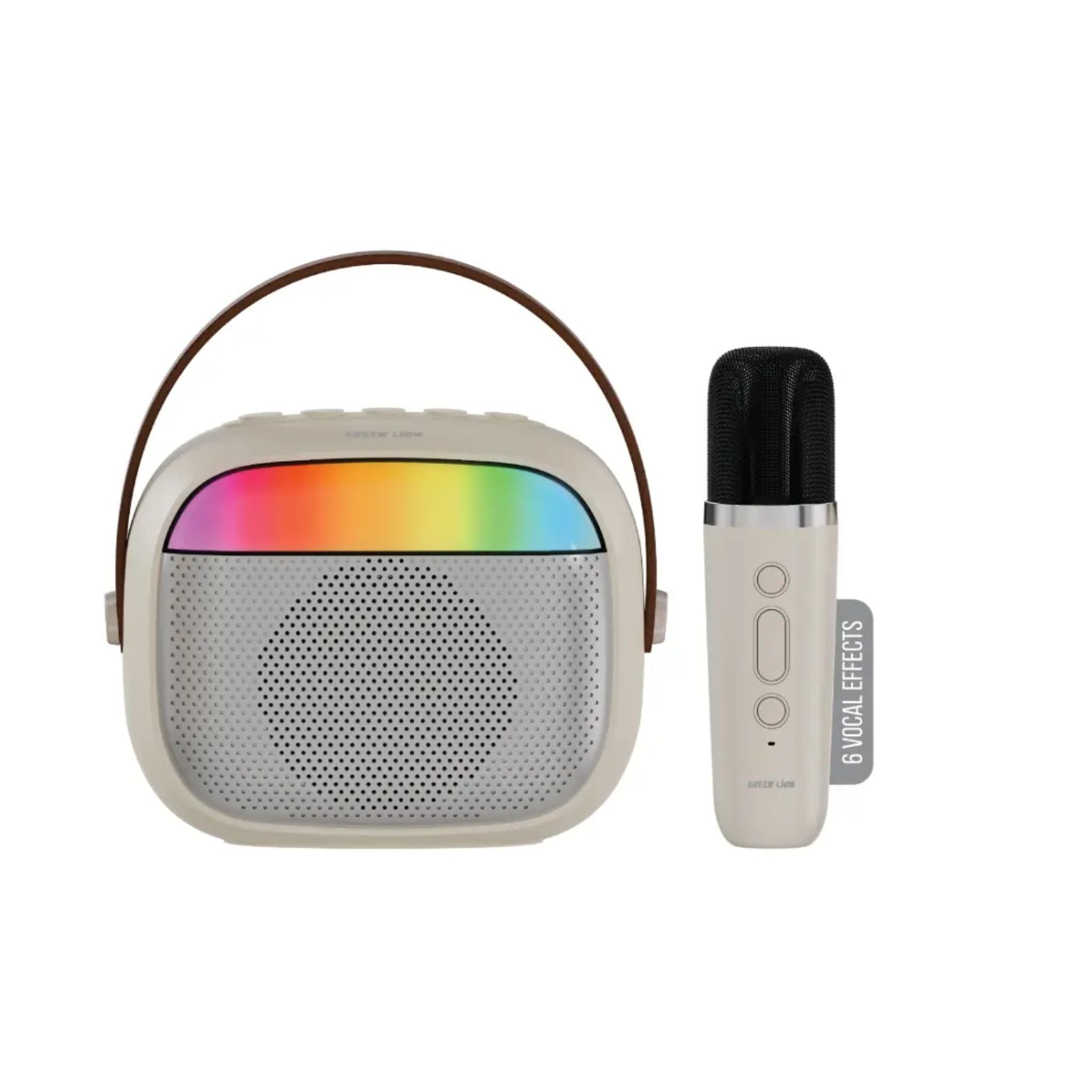 Green Lion Melody Mini Karaoke Speaker with 5W Output, Bluetooth V5.3, Wireless Mic, 6 RGB Modes, USB/TF/AUX Support & Portable Design with Strap- Beige