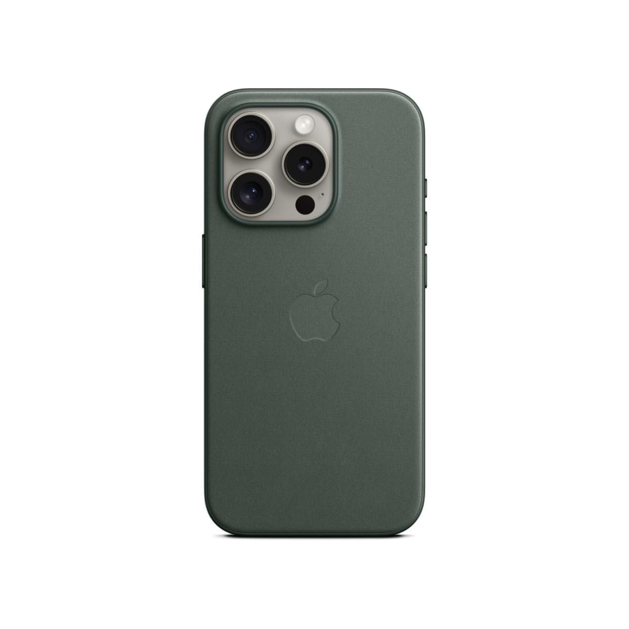 An Apple iPhone 15 Pro case in evergreen color, featuring a FineWoven texture and the ability to attach to a MagSafe charger.