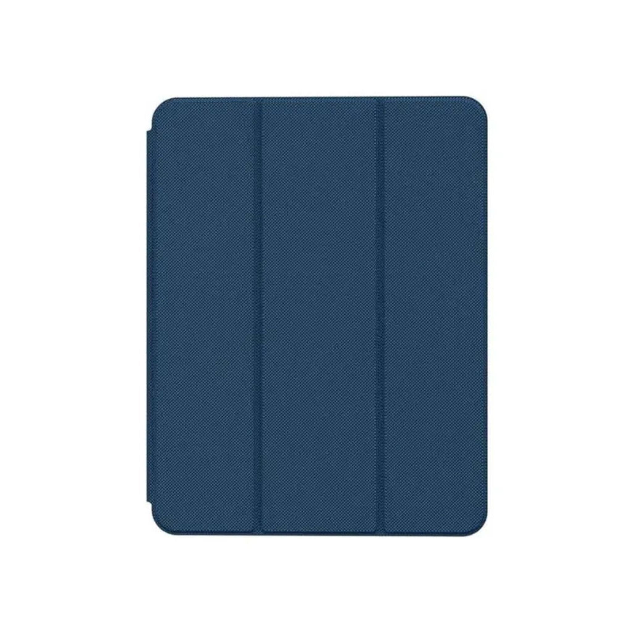 A blue leather folio case for iPad with a pencil holder on the back, featuring a full-body drop protection design.