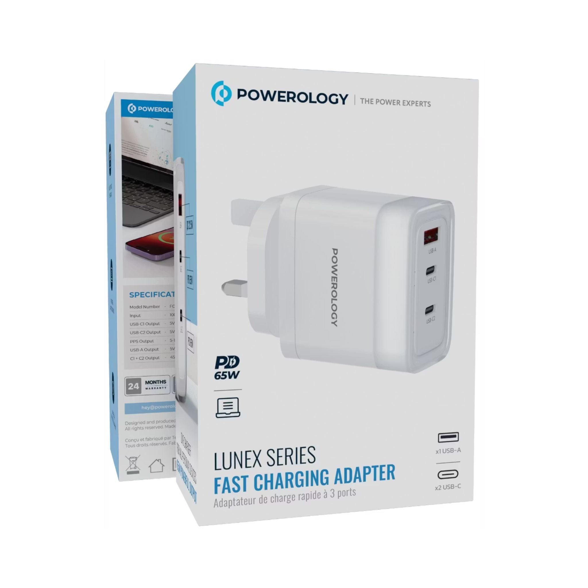 Powerology Lunex Series 3-Port Fast Charging Adapter with UK 3-Pin Power Plug, 65W PD USB-C Output, 22.5W QC USB-A Output, Multi-Device Charging, Powerful Laptop Charging, Universal Protocol Support - White