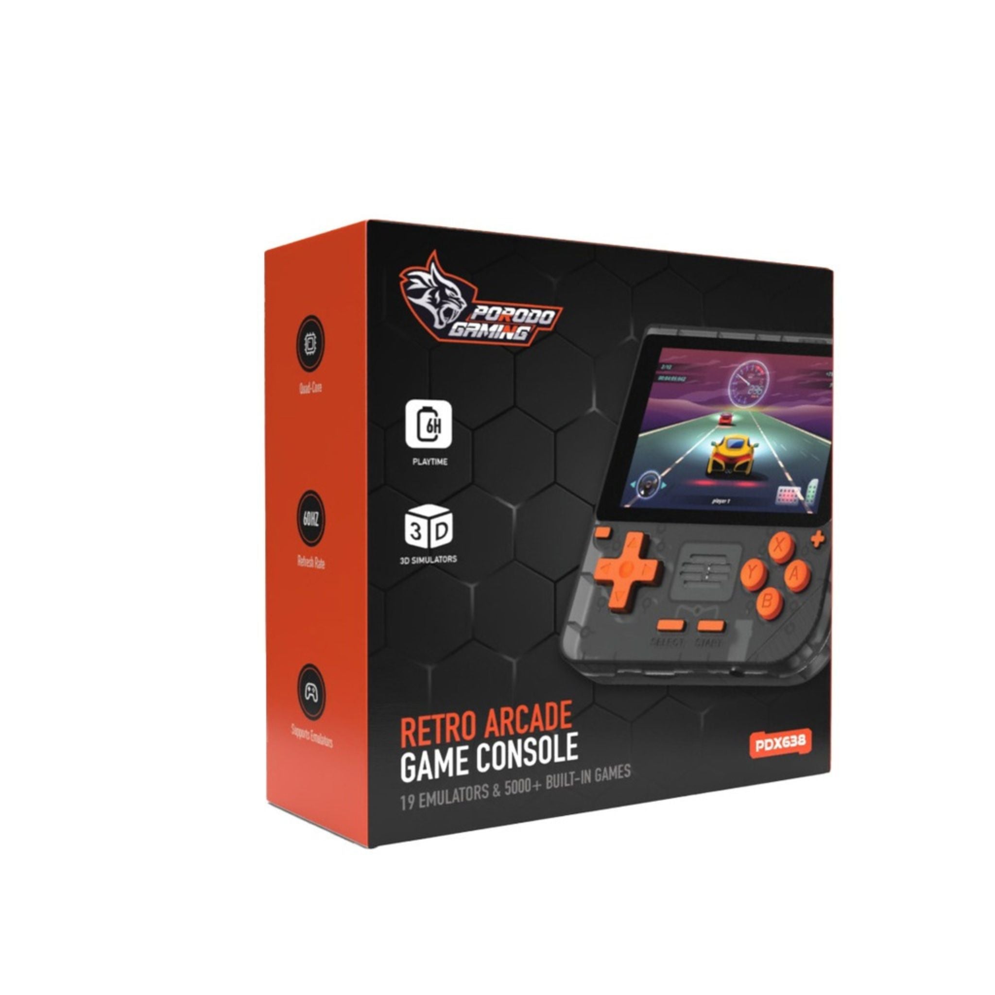 Porodo Gaming Retro Arcade Gaming Console, 3D Simulator, Ergonomic Design, Immersive Sound Play, 3.5" IPS Display, 6 Hours Battery Life, 3000mAh Battery - Black / Orange