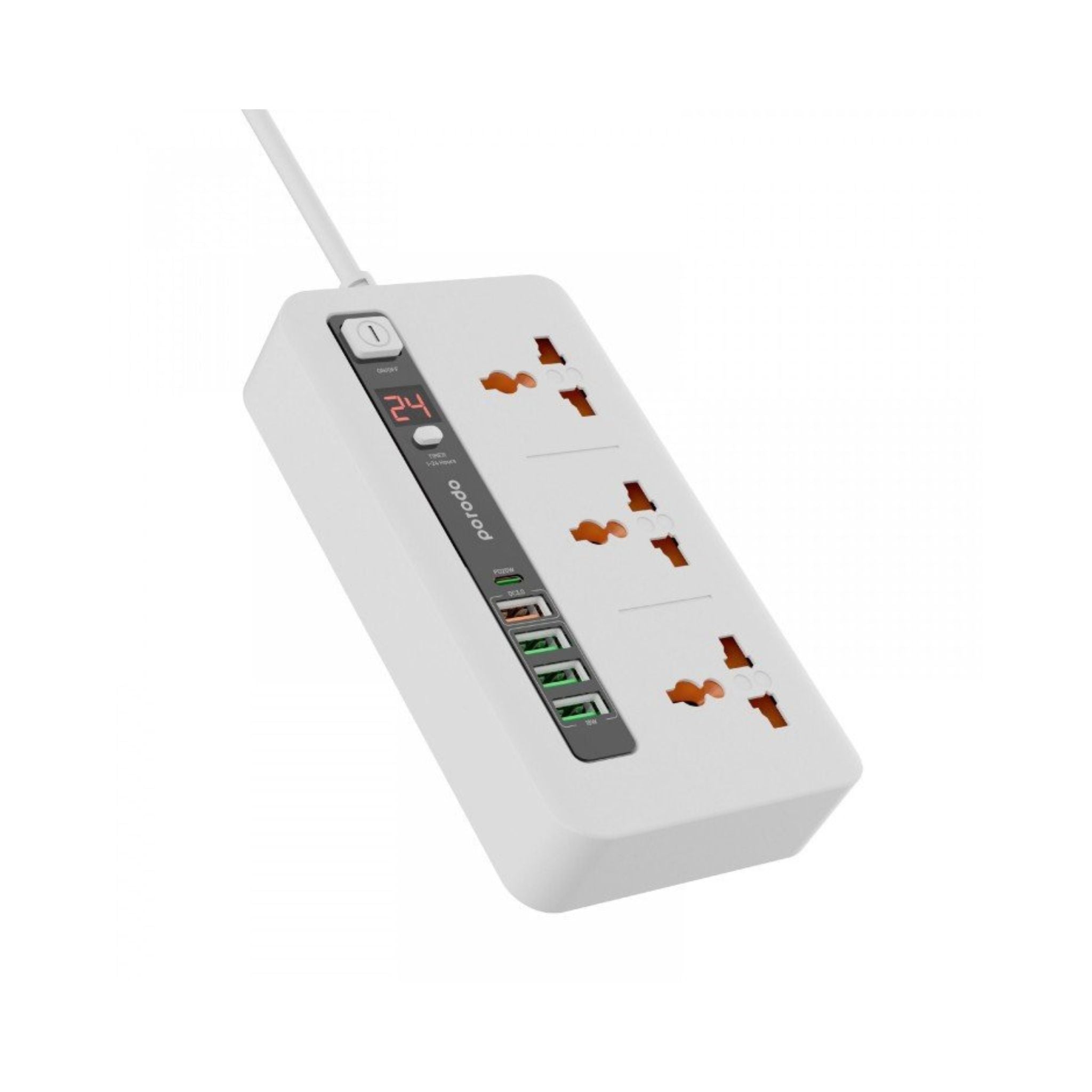 A white Porodo multi-port power hub with six AC sockets, five USB ports, and a power button, against a clean background.