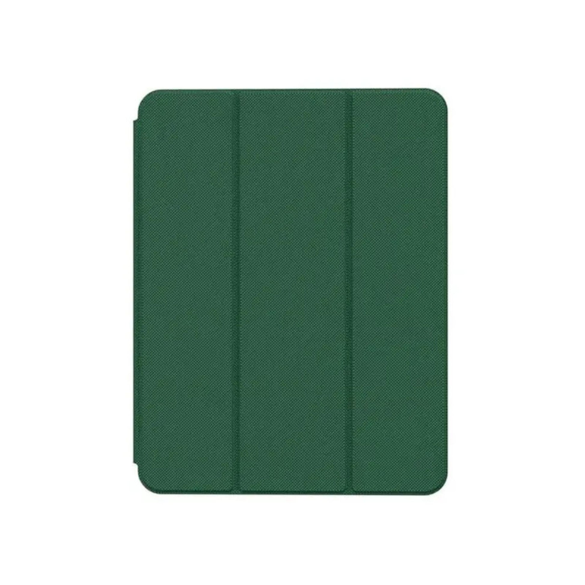 A green leather folio case for iPad with a pencil holder on the back, featuring a stable trifold stand.