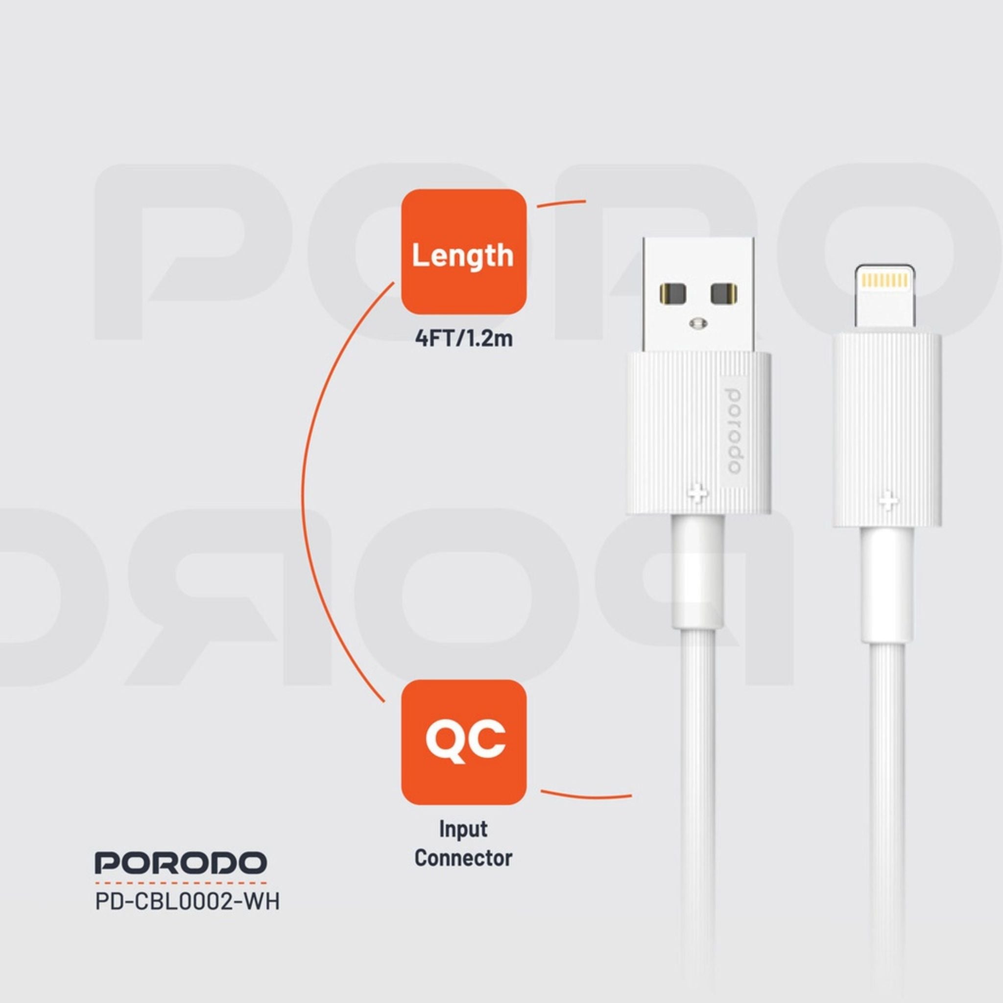 Porodo USB A to Lightning PVC Cable, 480Mbps, 2.4A Current, more than 15000 Bends Life Span, 1.2m Cable length, Tangle Free - White