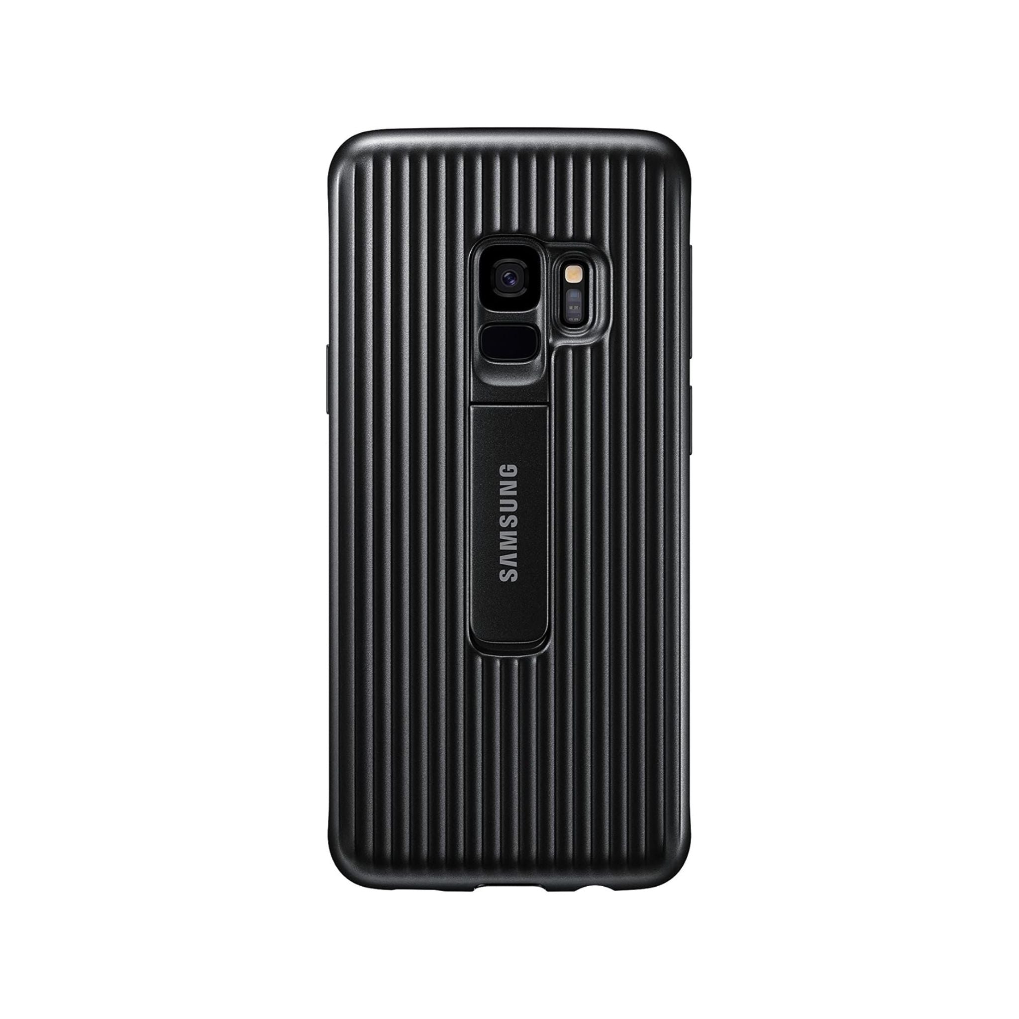 Black Samsung phone case with textured design on a white background