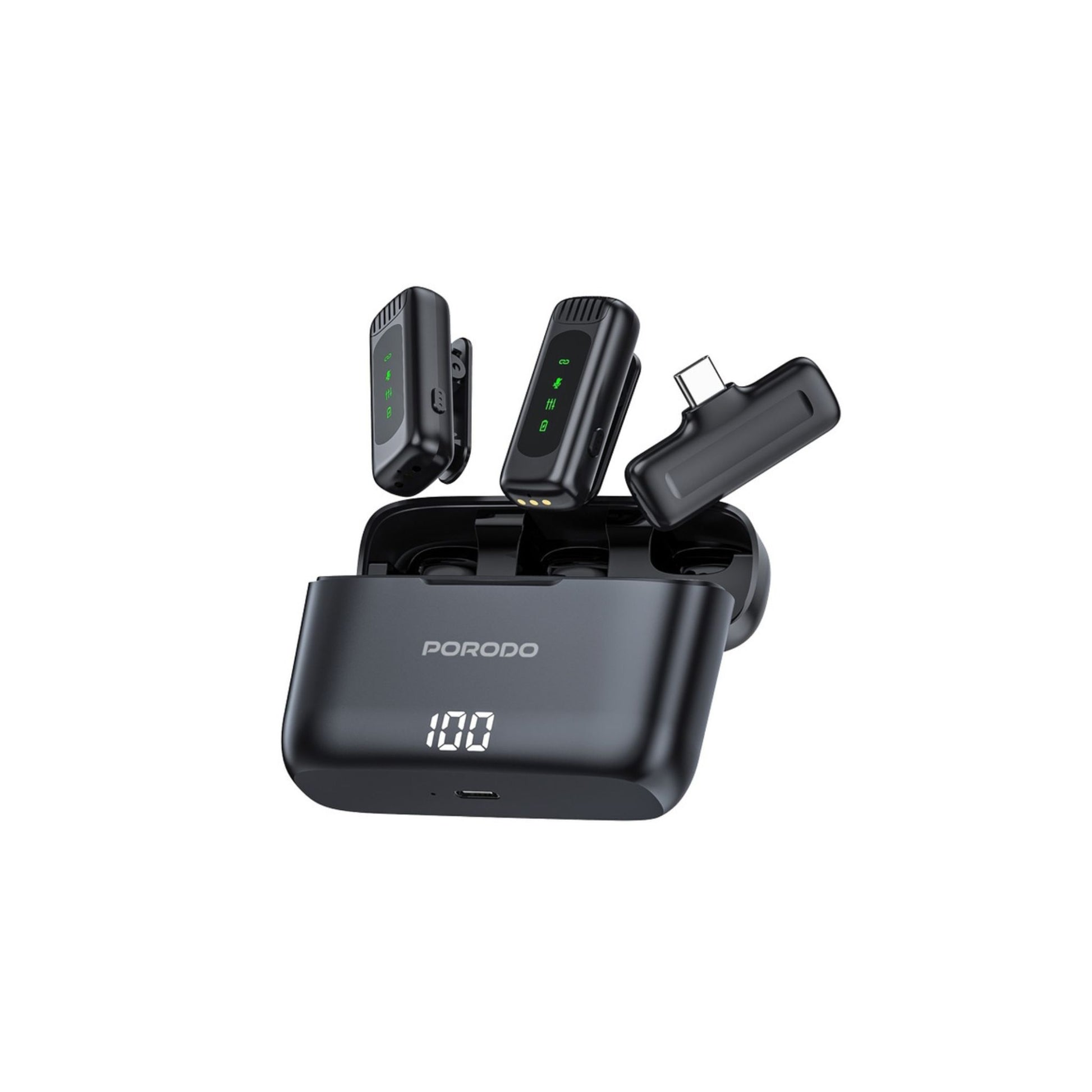 Porodo lavalier double microphone with charging case, displayed with microphones in black color resting inside the case, showing a digital battery percentage readout.