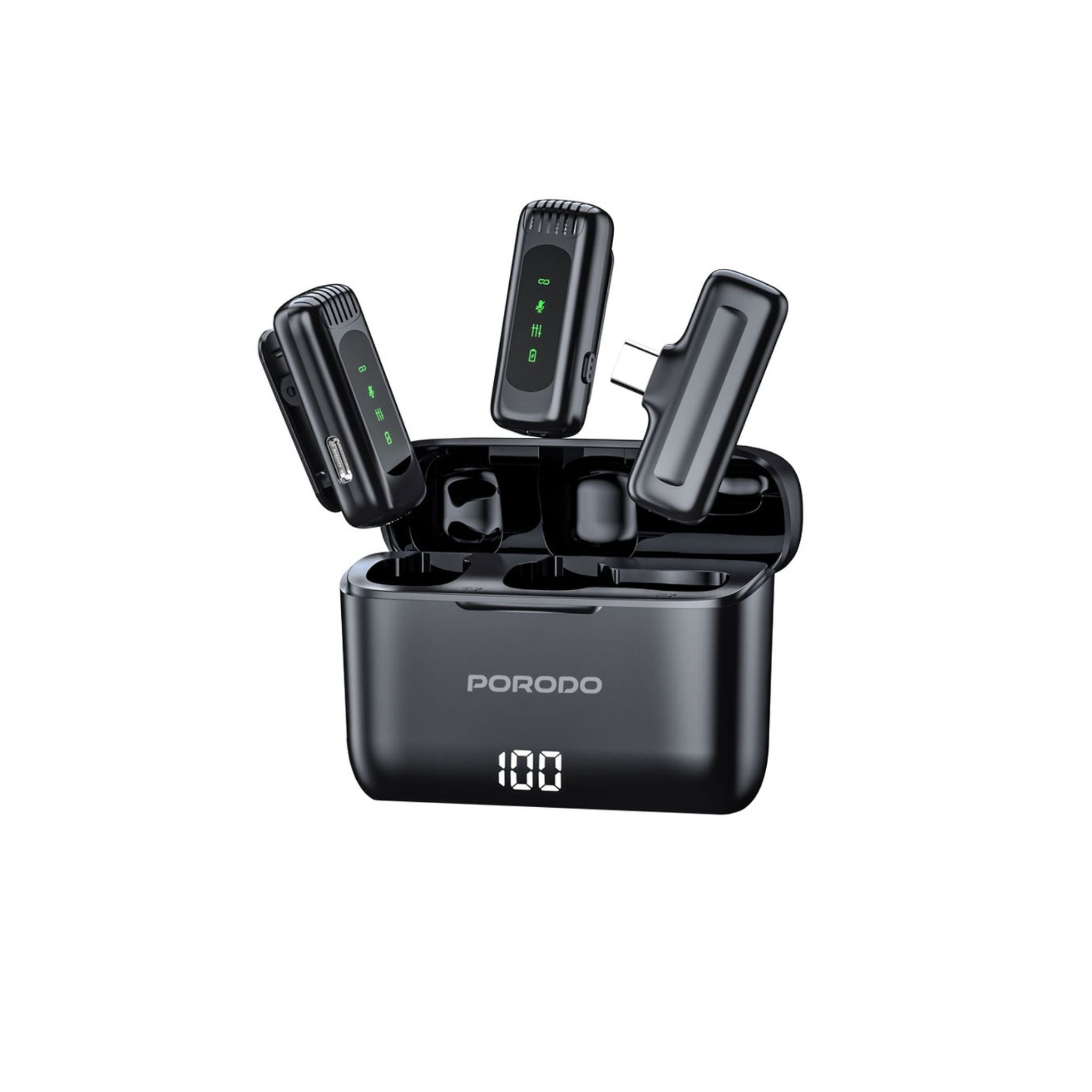 Porodo Lavalier Double Microphone with Charging Case, 4 Hours Working Time, 1 Hour Microphones Recharge Time, 300mAh Case Battery Capacity - Black