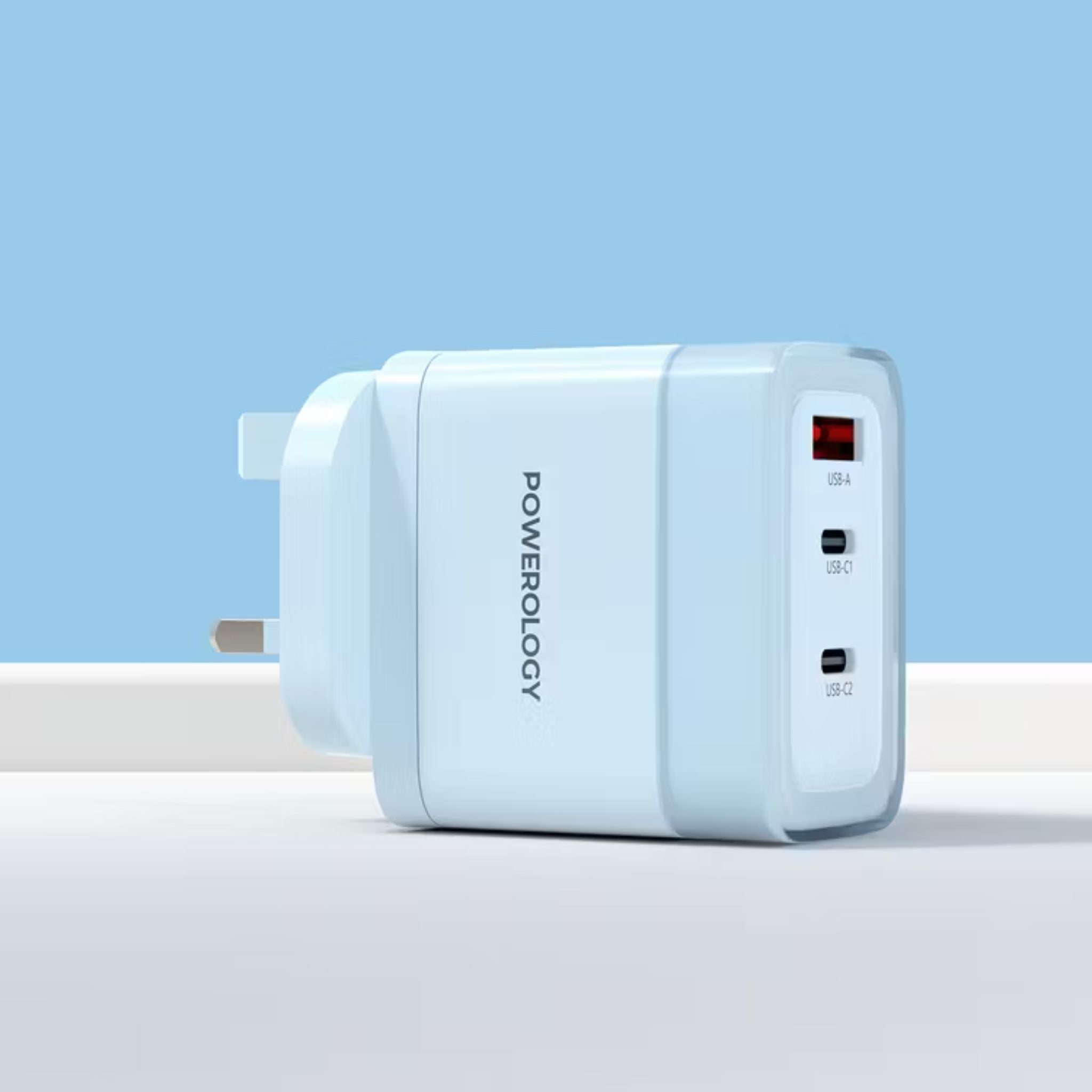 Powerology Lunex Series 3-Port Fast Charging Adapter with UK 3-Pin Power Plug, 65W PD USB-C Output, 22.5W QC USB-A Output, Multi-Device Charging, Powerful Laptop Charging, Universal Protocol Support - Blue