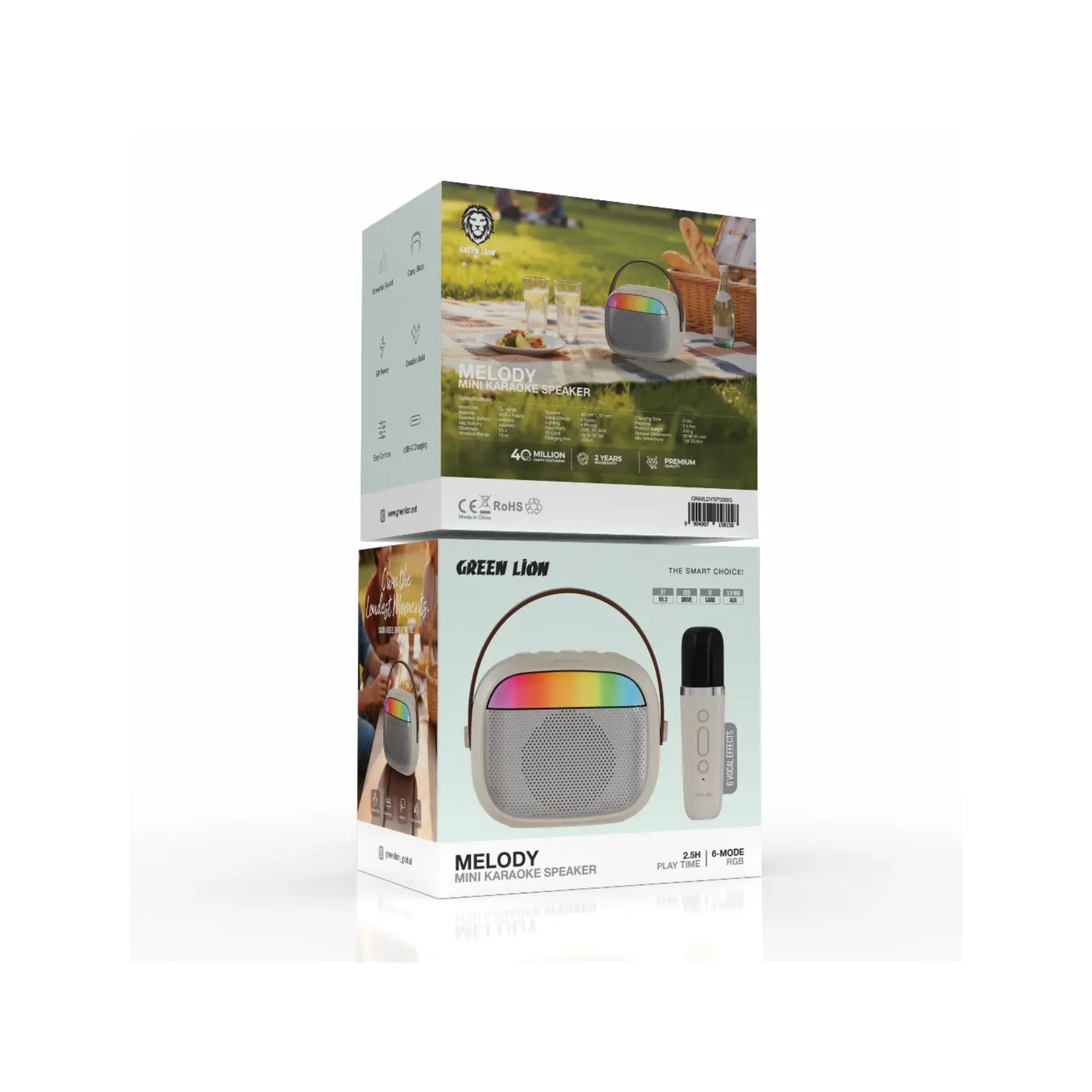 Green Lion Melody Mini Karaoke Speaker with 5W Output, Bluetooth V5.3, Wireless Mic, 6 RGB Modes, USB/TF/AUX Support & Portable Design with Strap- Beige