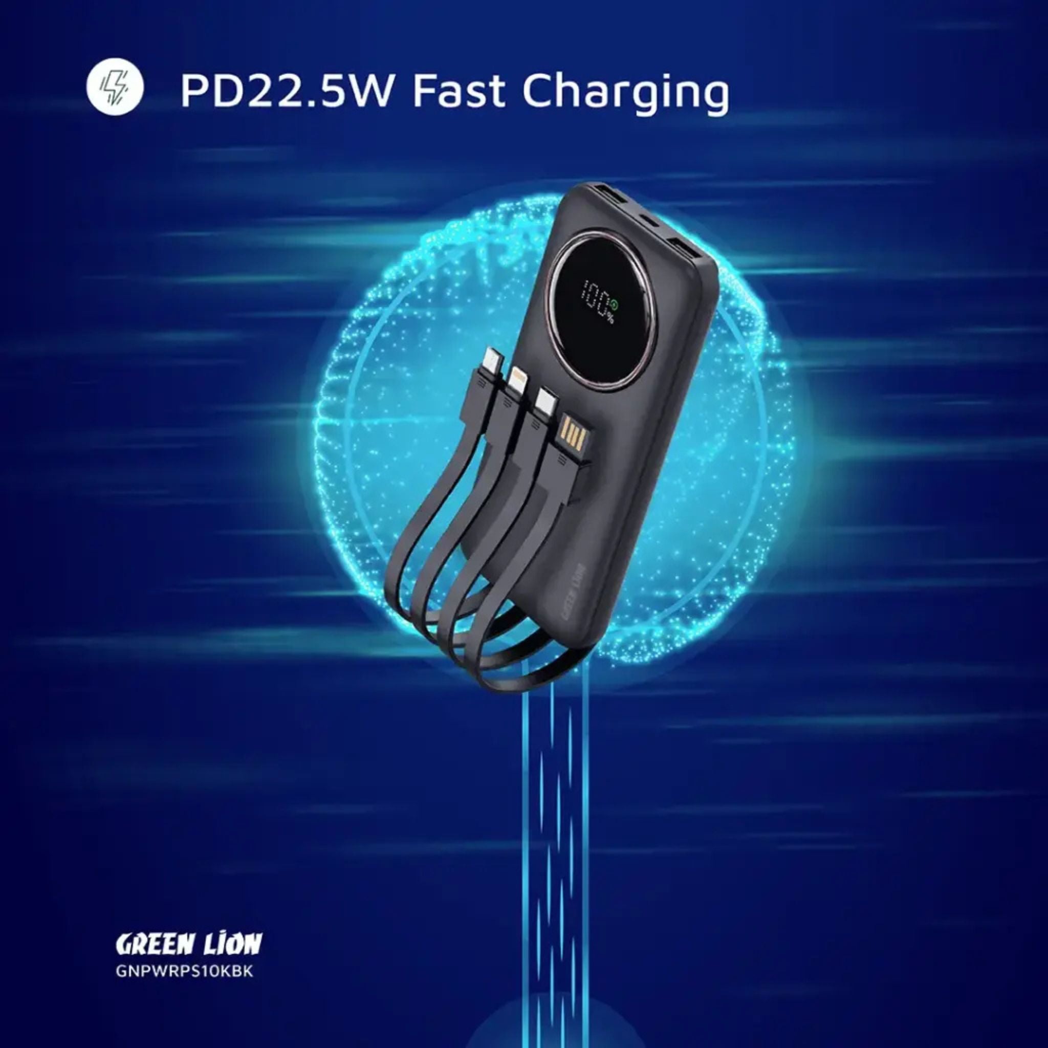 Green Lion Power Pulse 10000mAh Power Bank, PD 22.5W, Portable, Digital Display, Fast Charge Support, Micro + Lightning + Type-C + USB-A Integrated Cables - Black