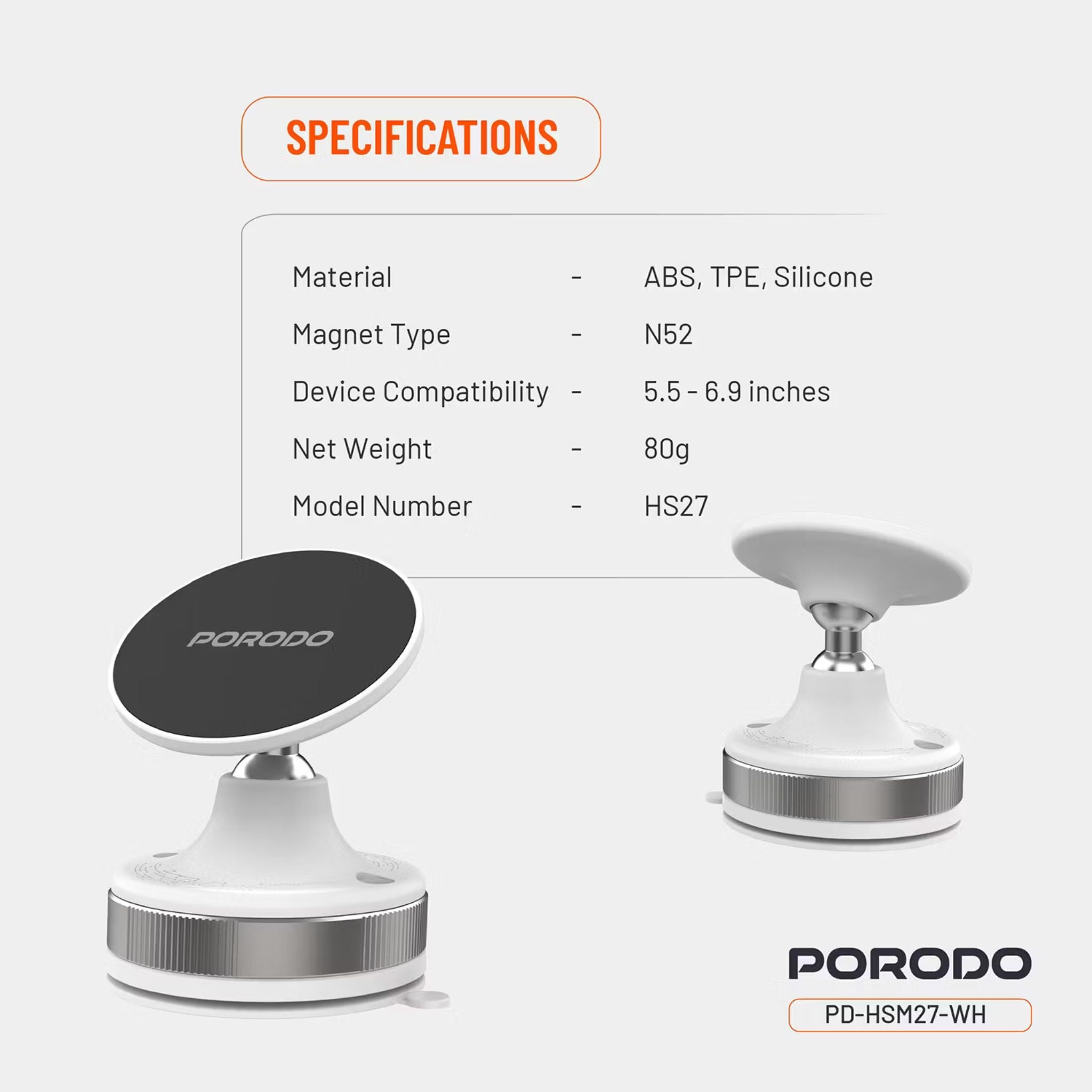Porodo Vacuseal Smart Suction Magnetic Phone Mount with Adjustable Viewing Angle, N52 Magnets, 5.5" to 6.9" Device Compatibility, Strong Suction - White