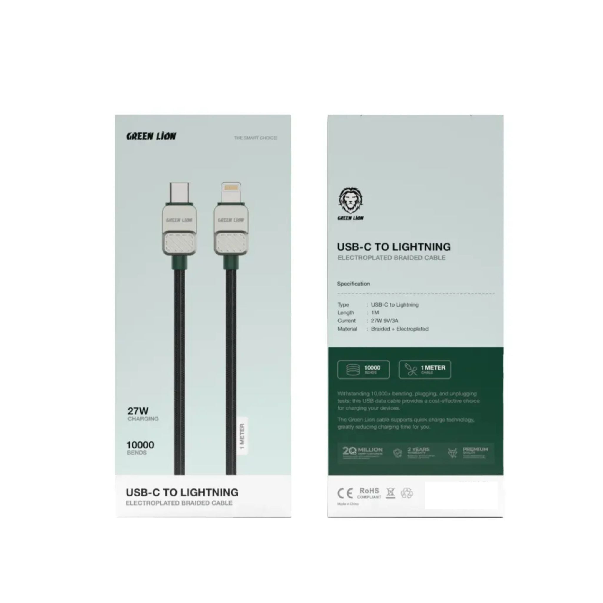 Green Lion USB-C to Lightning Electroplated Cable with 27W Current, 1m Cable Length, Braided Outer Material, 480Mbps Transfer Speed, 10,000 Bends Lifespan - Black / Green