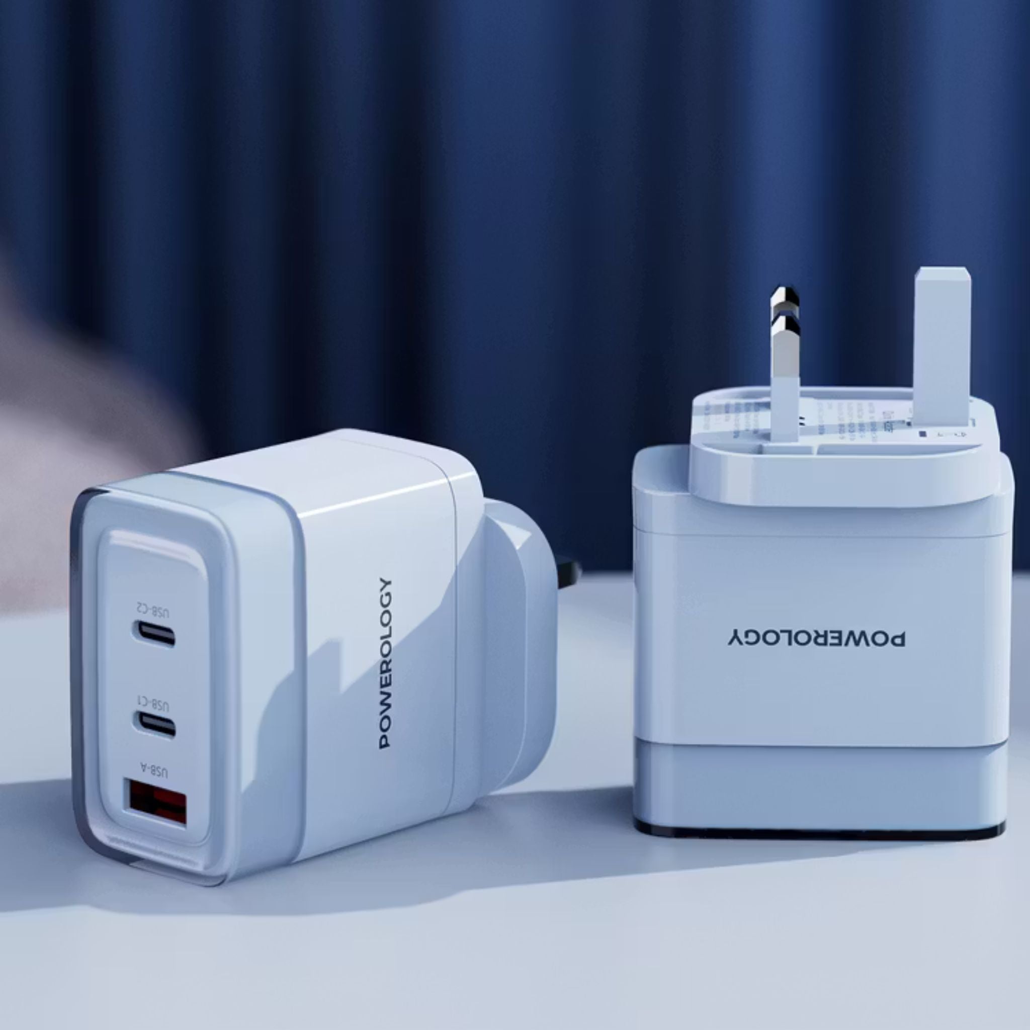 Powerology Lunex Series 3-Port Fast Charging Adapter with UK 3-Pin Power Plug, 65W PD USB-C Output, 22.5W QC USB-A Output, Multi-Device Charging, Powerful Laptop Charging, Universal Protocol Support - Blue