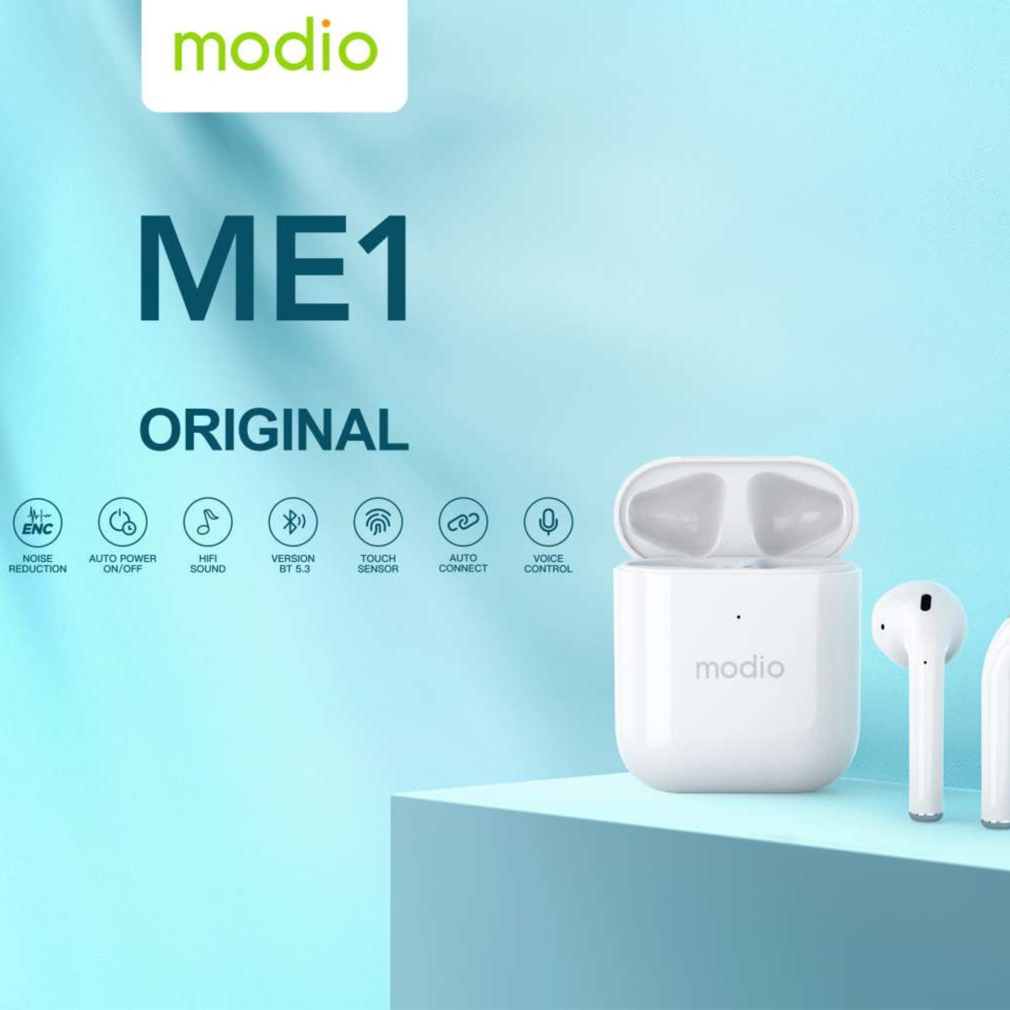 Modio ME1 True Wireless Bluetooth Earbuds Pro – Compact Design, Long Battery, Touch Controls, Comfortable Fit – White