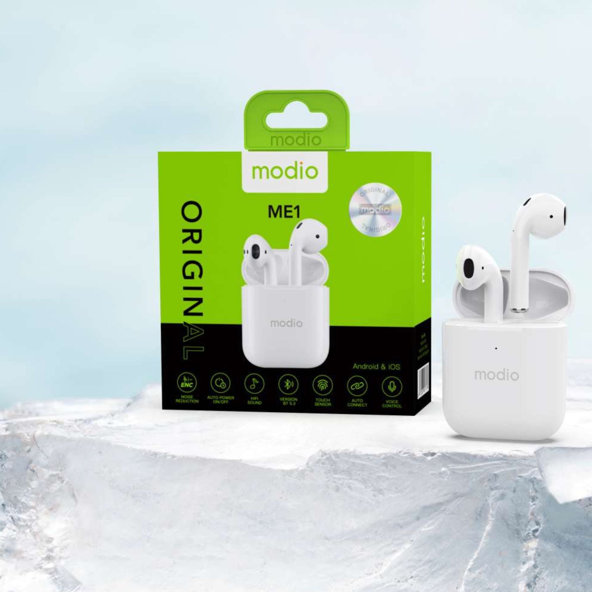 Modio ME1 True Wireless Bluetooth Earbuds Pro – Compact Design, Long Battery, Touch Controls, Comfortable Fit – White