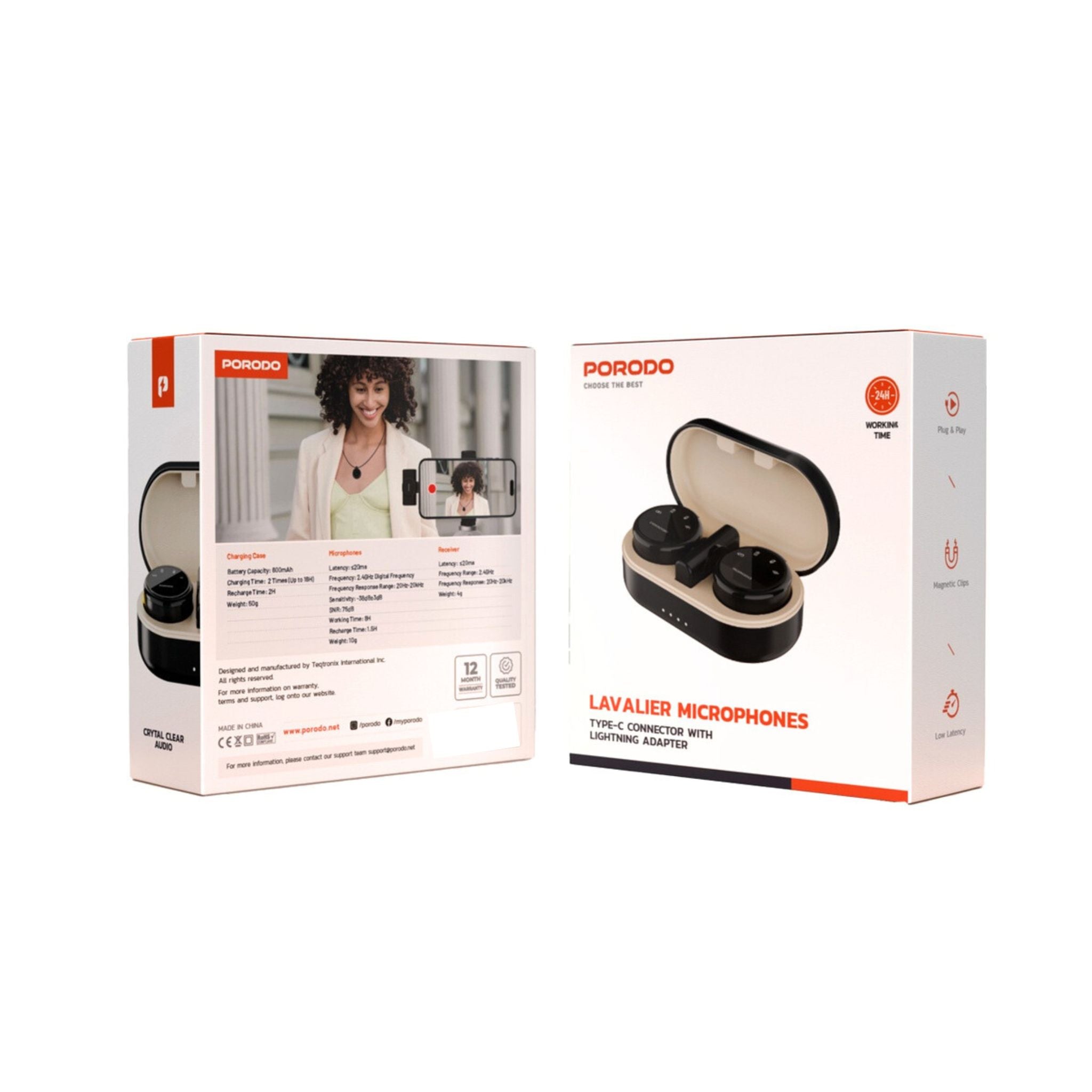 Porodo Lavalier Wireless Dual Mic with charging case: up to 24h use, ≤20ms latency, 2.4GHz digital freq, 600mAh case, Type-C + Lightning adapter, plug & play, magnetic clips, low latency, clear audio- Black