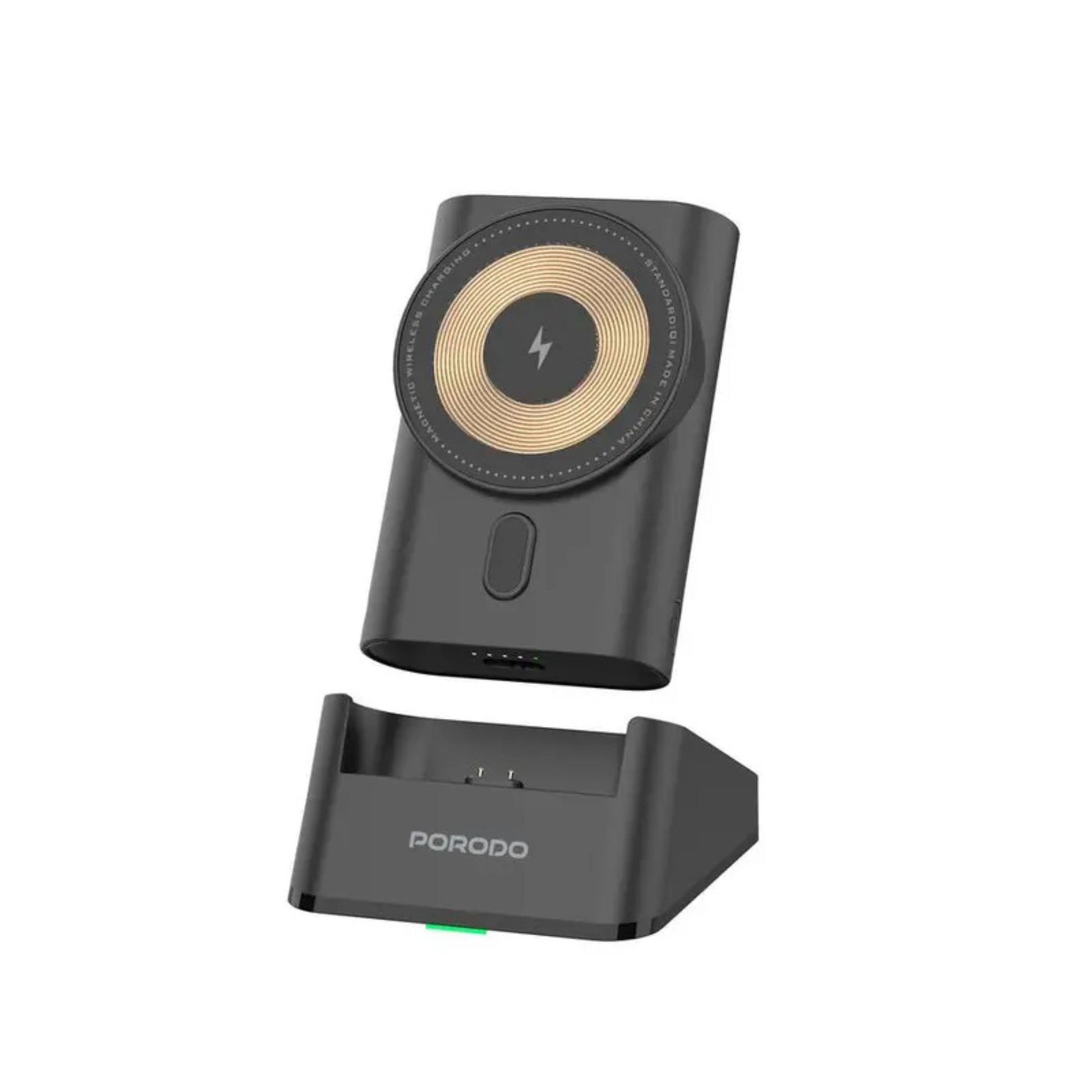 A black Porodo 5200mAh Integrated Type-C MagSafe Power Bank with a transparent design, showing the internal structure and a gold-colored magnetic ring on the top.