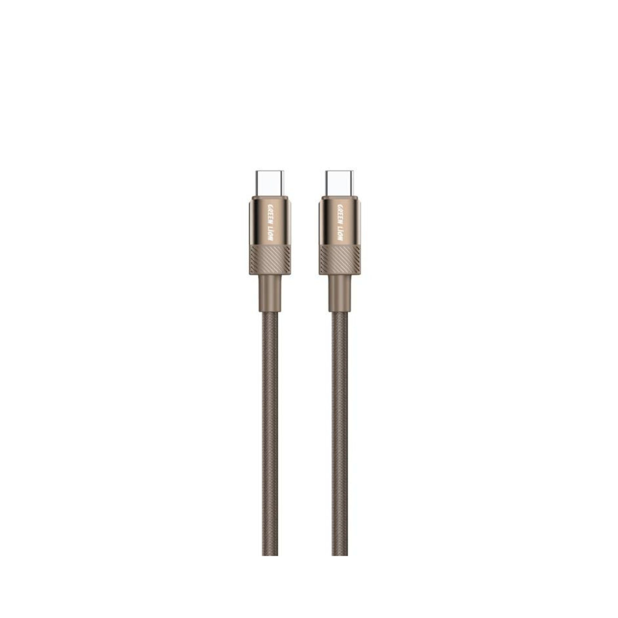A brown USB-C to USB-C cable with aluminum alloy and woven cable construction, designed for charging and data transfer.