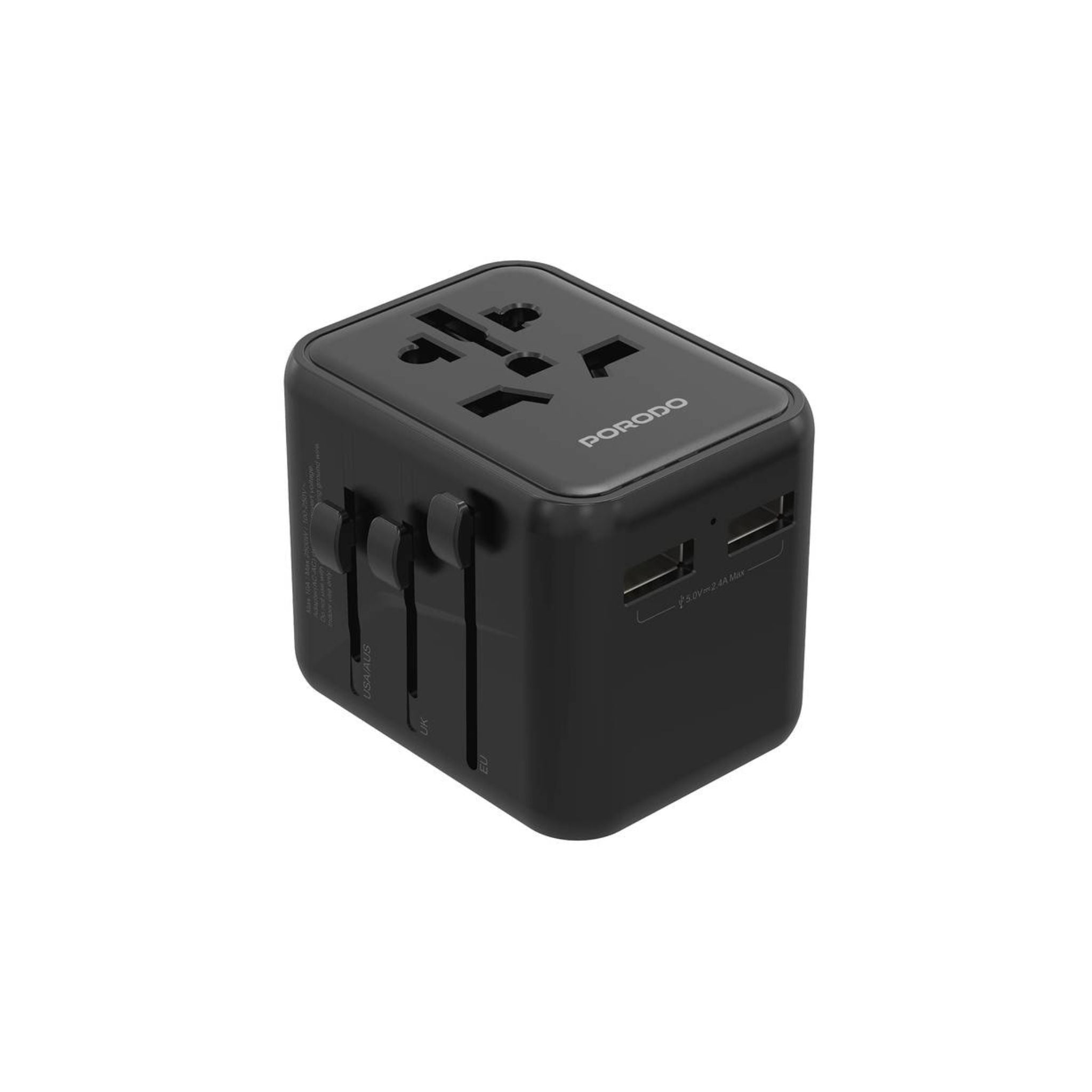 Porodo Dual USB-A Universal Travel Adapter 2.4A, Lightweight & Portable, Travel Friendly, Fast Charging, Dual USB-A, 0–35°C Operating Temperature, Built-in Safeguards - Black