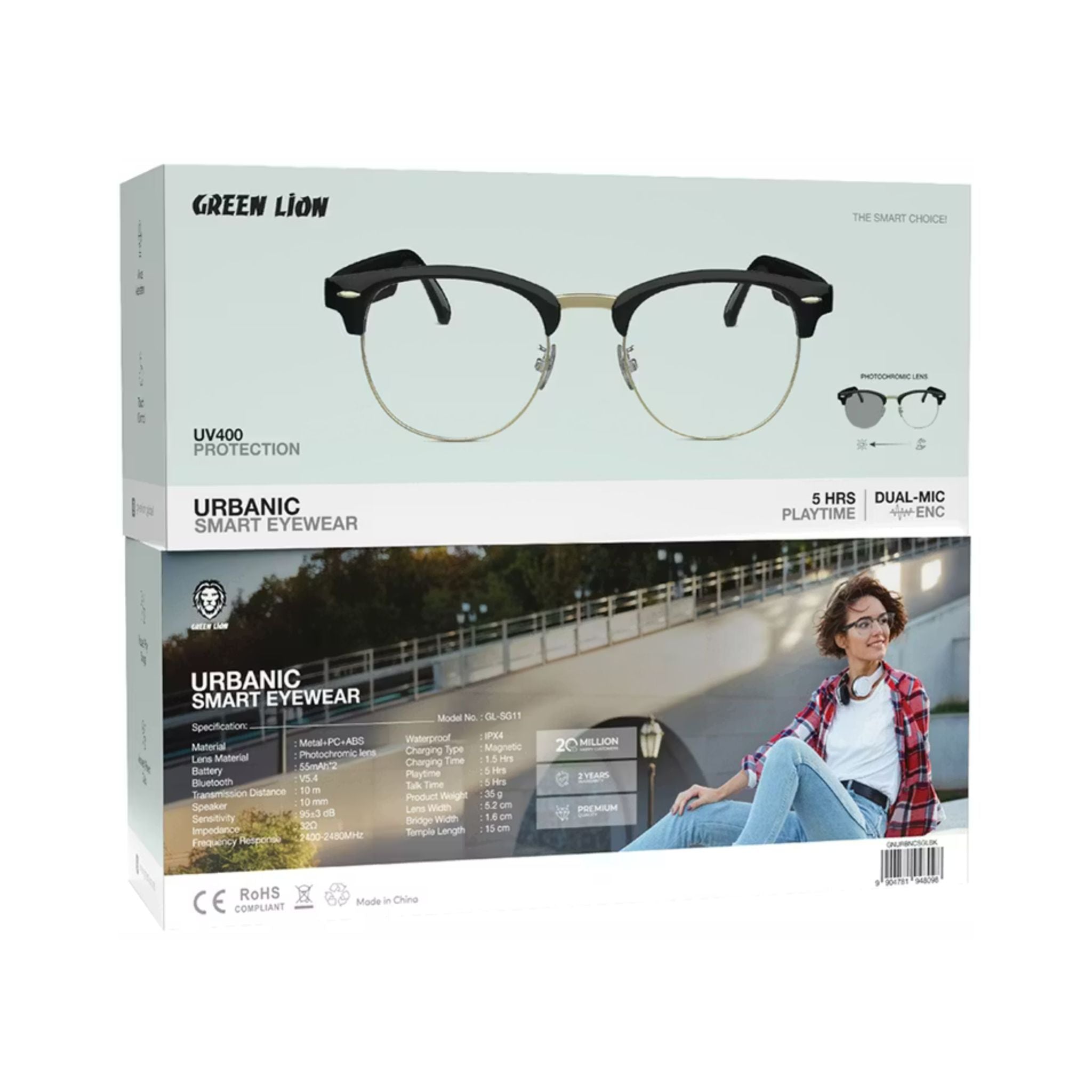 Green Lion Urbanic Smart Eyewear – UV400 protection, photochromic lenses, metal + PC/ABS frame, 5h playtime, IPX4 waterproof, 55mAh×2 battery, Bluetooth 5.4, 10m range, 1.5h charge time, magnetic charging-Black