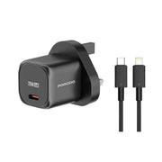 Porodo PD 20W USB-C Power Delivery GaN Wall Charger with USB-C to Lightning Cable, Over-Heat Protection, Universal Compatibility, Portable & Travel Friendly - Black