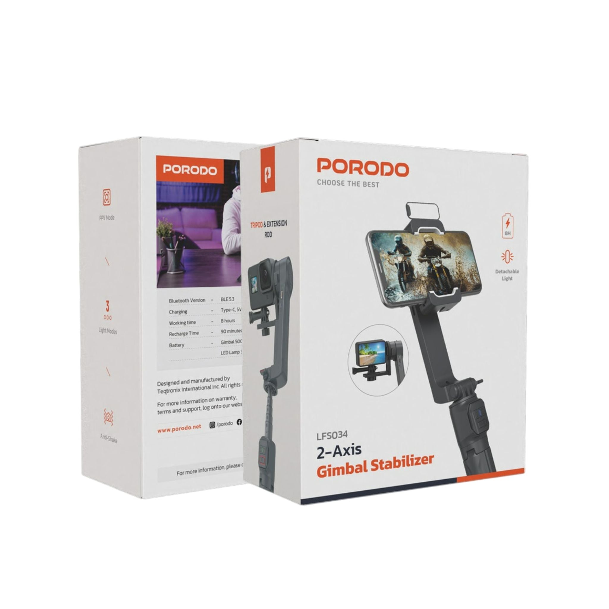 Porodo 2-Axis Gimbal Stabilizer with 3 Light Modes, Up to 8 Hours Working Time, FPV Mode, Anti-Shake, Detachable Light, Compatible with Smartphones & Action Cameras - Black