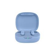 Blue wireless earbuds in a charging case on a white background