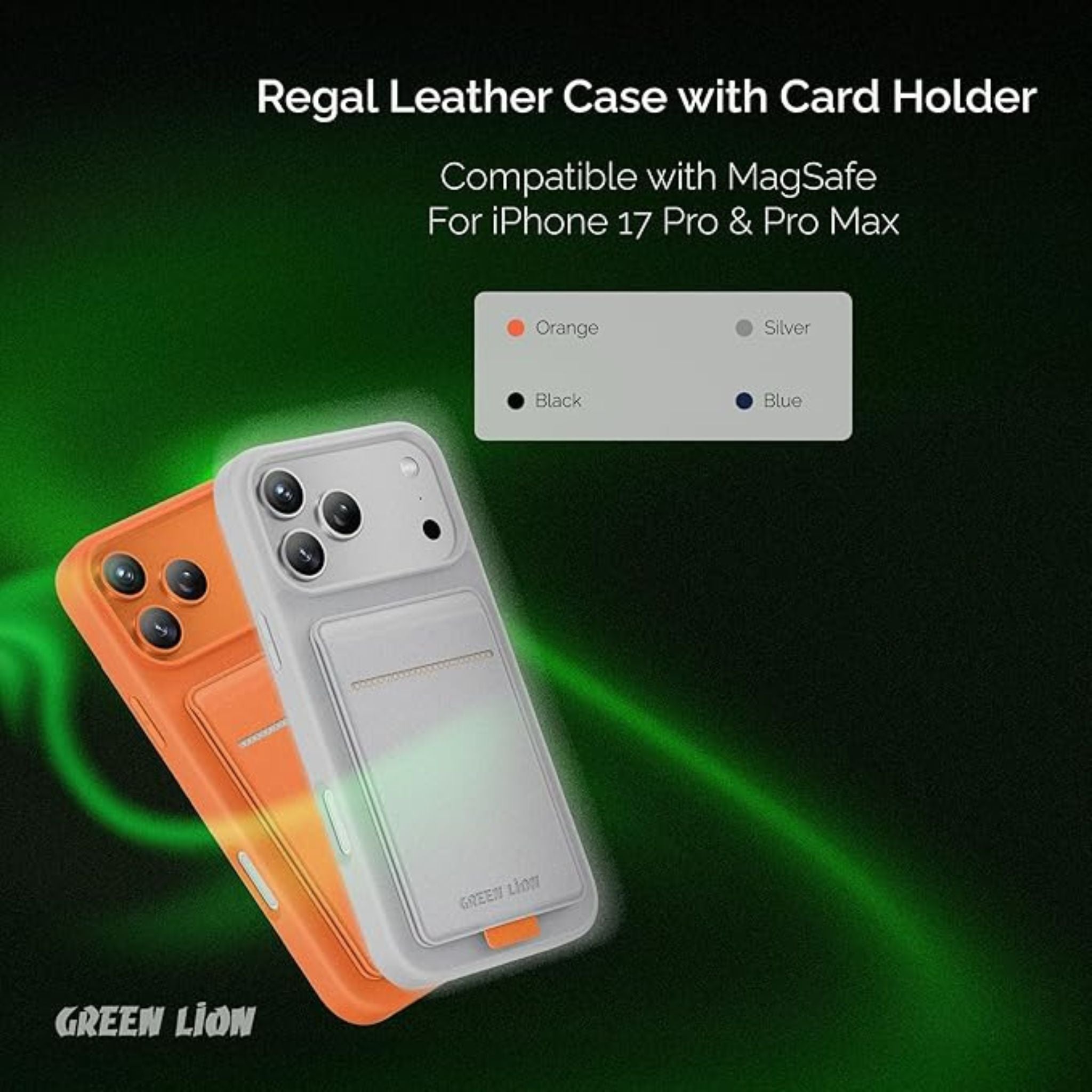 Green Lion Regal MagSafe Leather Case with Card Holder for iPhone 17 Pro, Anti-Fingerprint, Foldable Stand, Camera Protection, Comfortable Grip, Anti-Scratch, Shock Absorption - Orange