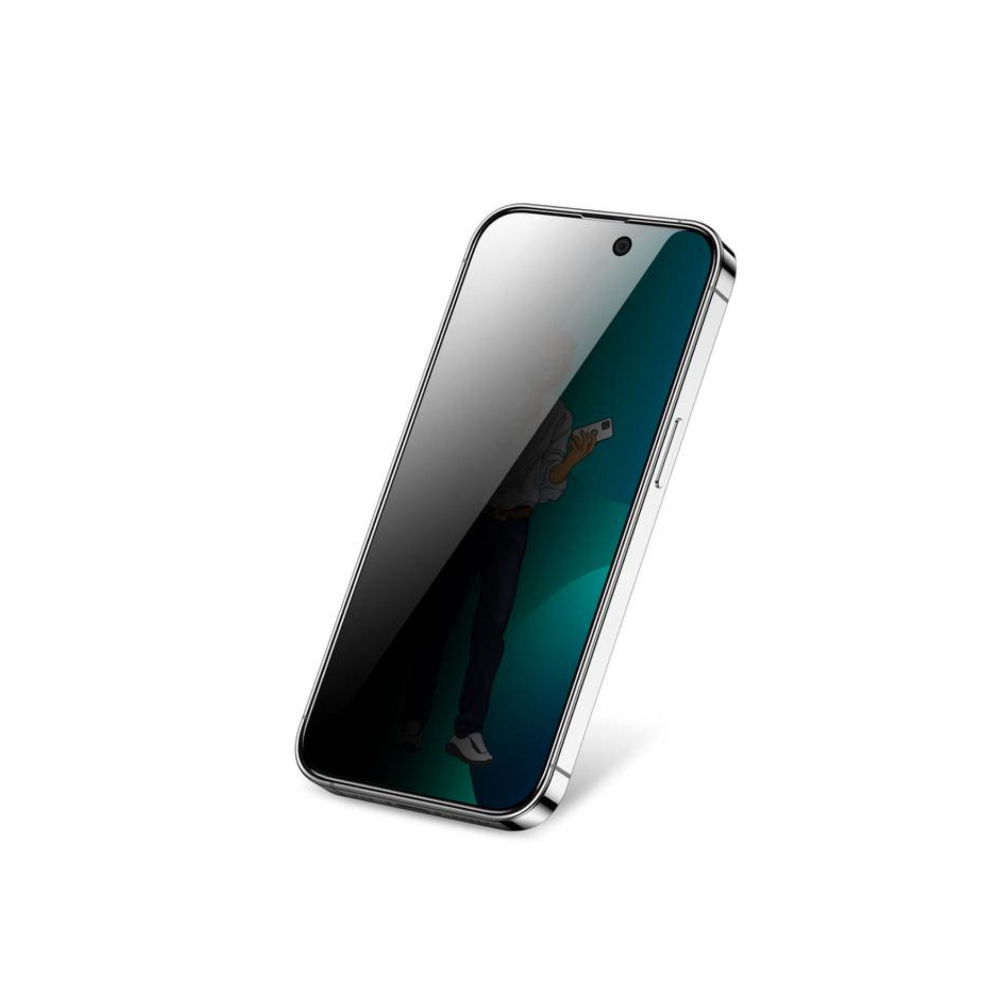 A black privacy screen protector for iPhone 14 Pro Max, showing the front view with a slightly altered color and a subtle pattern design.