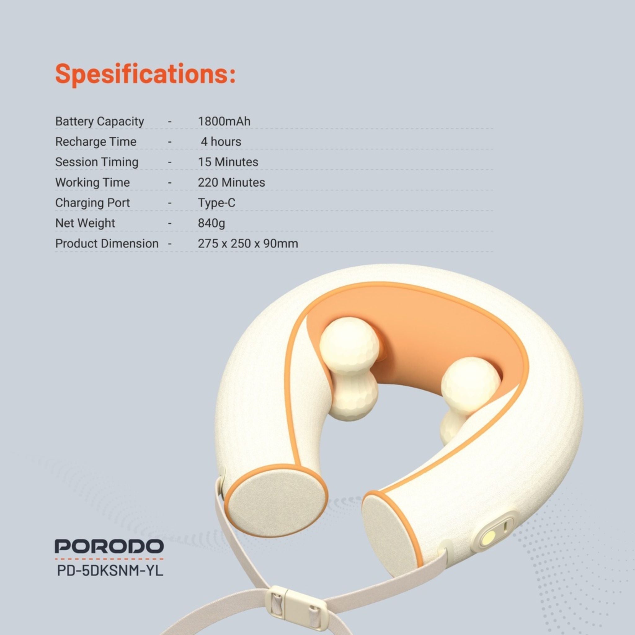 Porodo 5D Deep-Kneading Shiatsu Neck Massager 1800mAh Battery, Hot Compress, Deep Relaxation, Secure Adjustable Strap, Massage Modes, Skin-Friendly Materials, Type-C Charging - Yellow