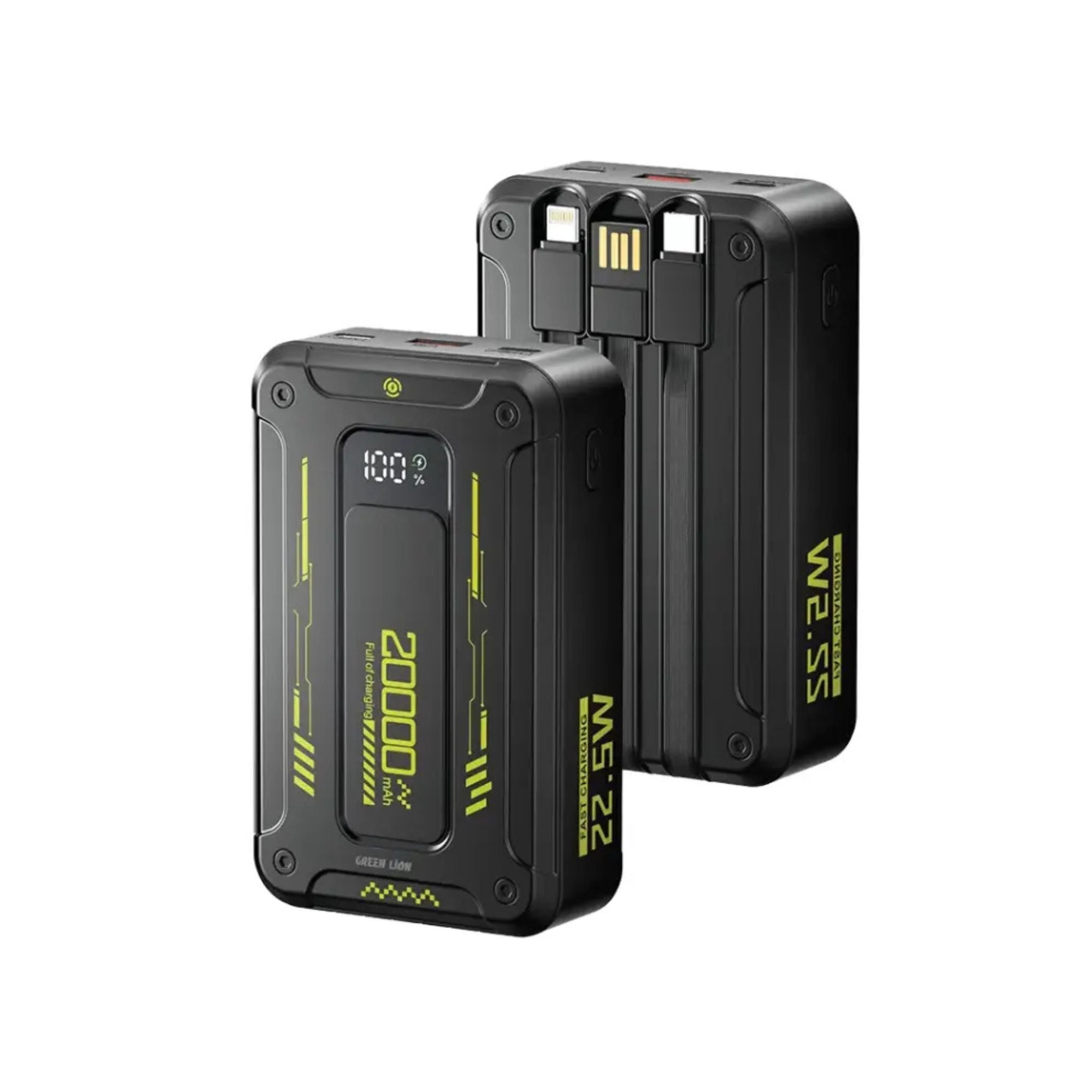Green Lion Xtreme 20 Power Bank 20000mAh, PD 22.5W, Built-in Cable, Lightning & USB-C Cables, USB-A & USB-C Ports, Digital Display, Lightning Cable, USB-C Cable, USB-A Port, USB-C Port - Black