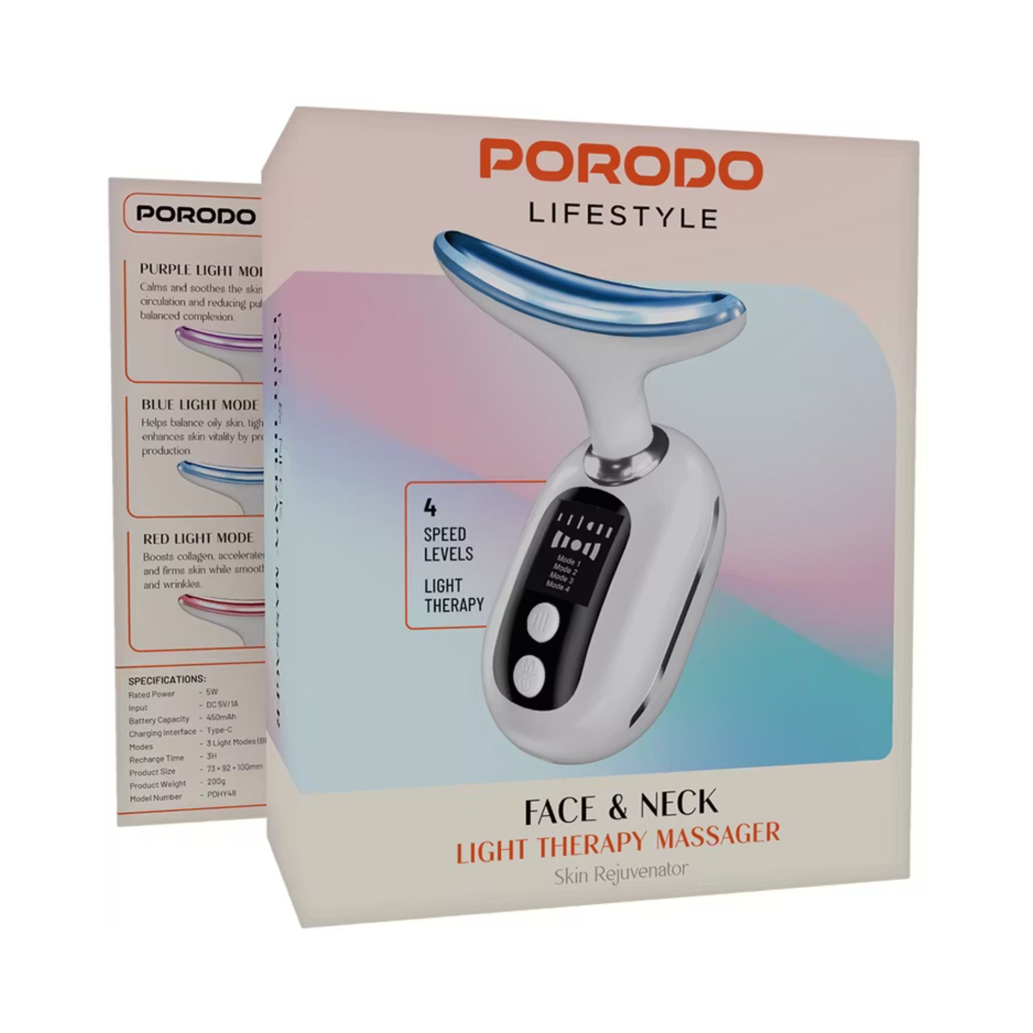 Porodo Lifestyle Face & Neck Light Therapy Massager with 4 Speed Levels, 5W Rated Power, Type-C Charging Interface, 3 Light Modes, Warm Massage Therapy, Skin Firming Vibration, Ion Deep Cleaning - White