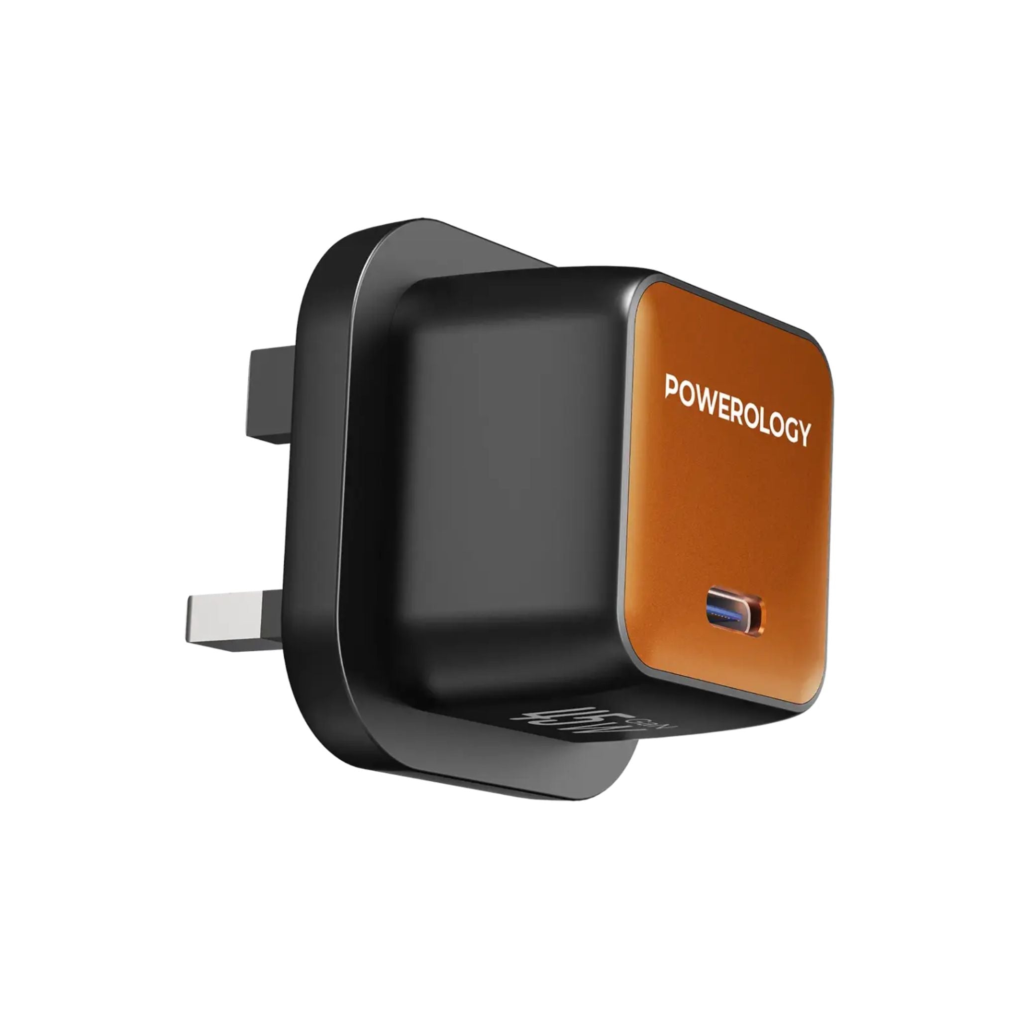 Powerology QX 45W Pocket-Sized GaN Adapter with Safety Protections, 1m USB-C to USB-C Cable Included, USB-C Port, Ultra-Compact Design, UK 3-Pin Plug, PD 45W - Black / Titanium Orange