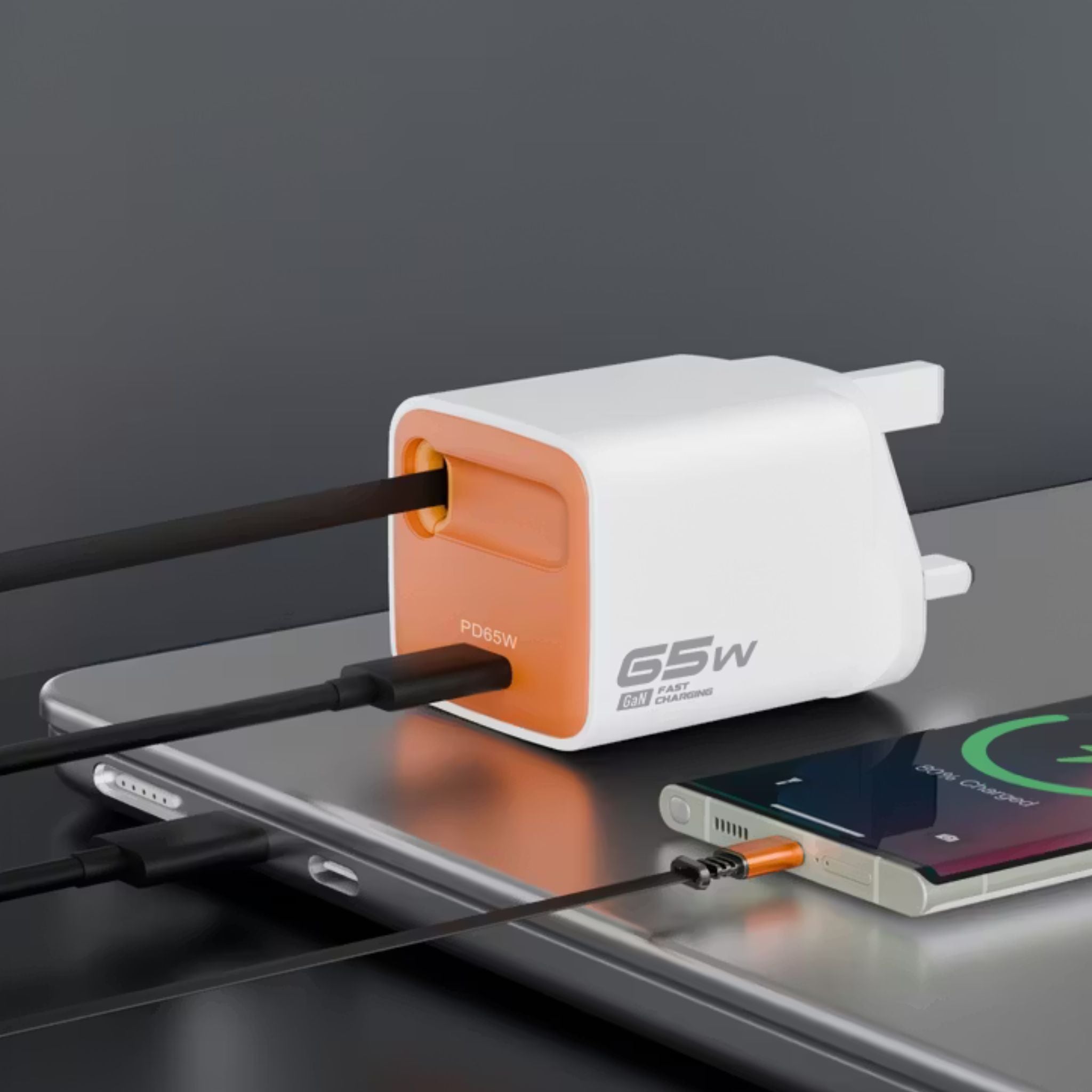 Porodo Tezpatro 65W GaN Charger with USB-C Retractable Cable, 1.5A Rated Current, 65W Power Delivery, 80cm Cable Length, Flame-Retardant Housing, Fast Charge Support - White / Orange