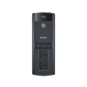 A black Powerology 500W Universal MultiPort Car Inverter with a digital display showing '500W', multiple USB ports, and a cigarette lighter adapter.